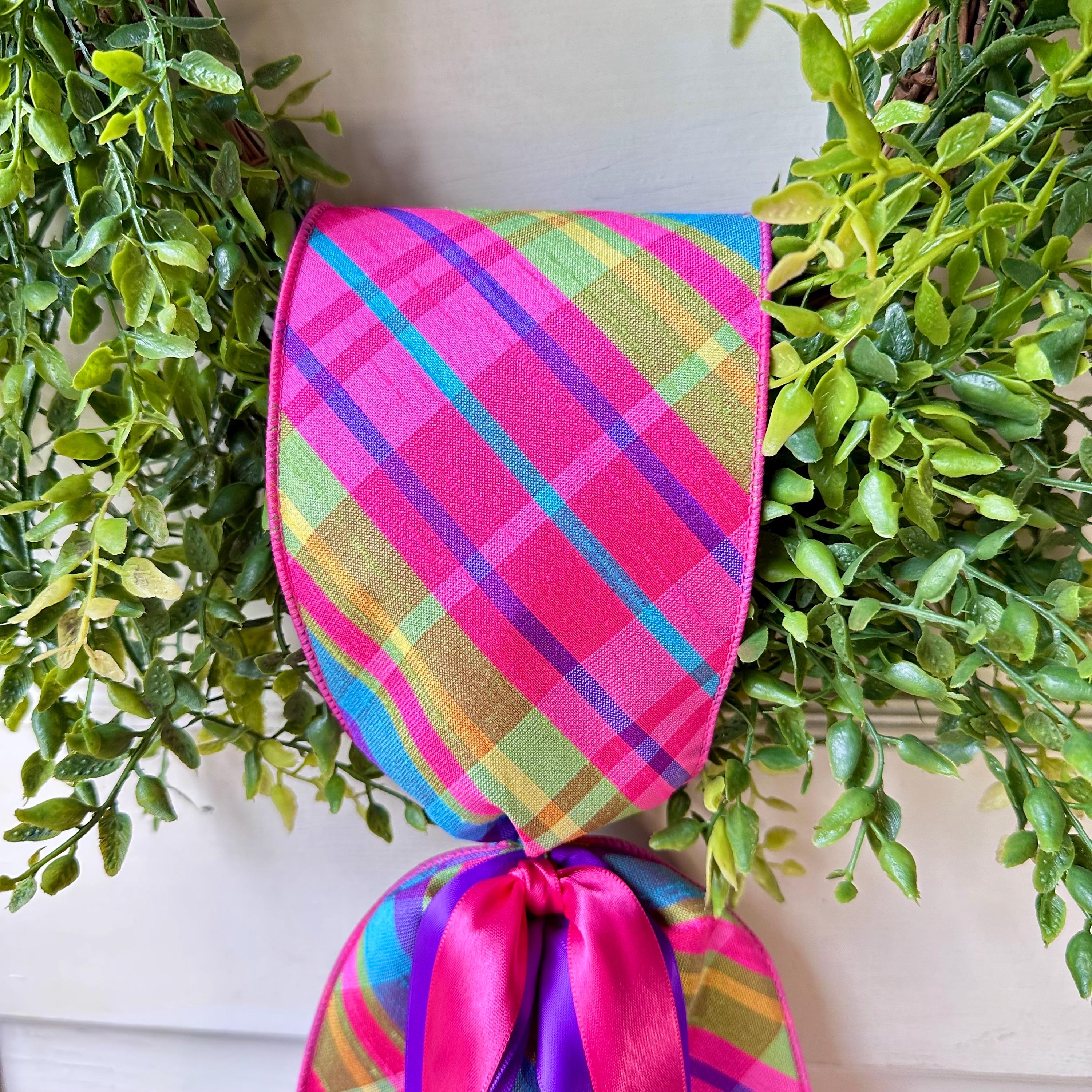 Summer Wreath Ribbon for Wreath Colorful Plaid Pattern Satin Accent Spring Sash Hot Pink Purple Blue Lime Green Design Summer Sash Enhancement Beautiful Bright Display Summer Decor Collection Craft Supply Quality Construction Fixed Size