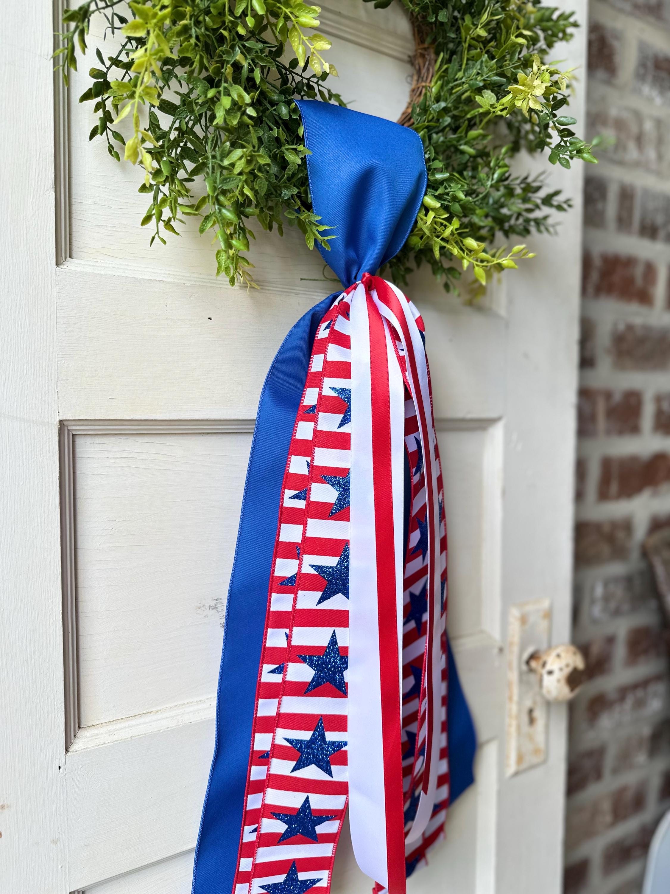 Red white blue plaid wreath sash patriotic front door ribbon bow 4th of July boxwood wreath decor Americana wired ribbon sash stars stripes