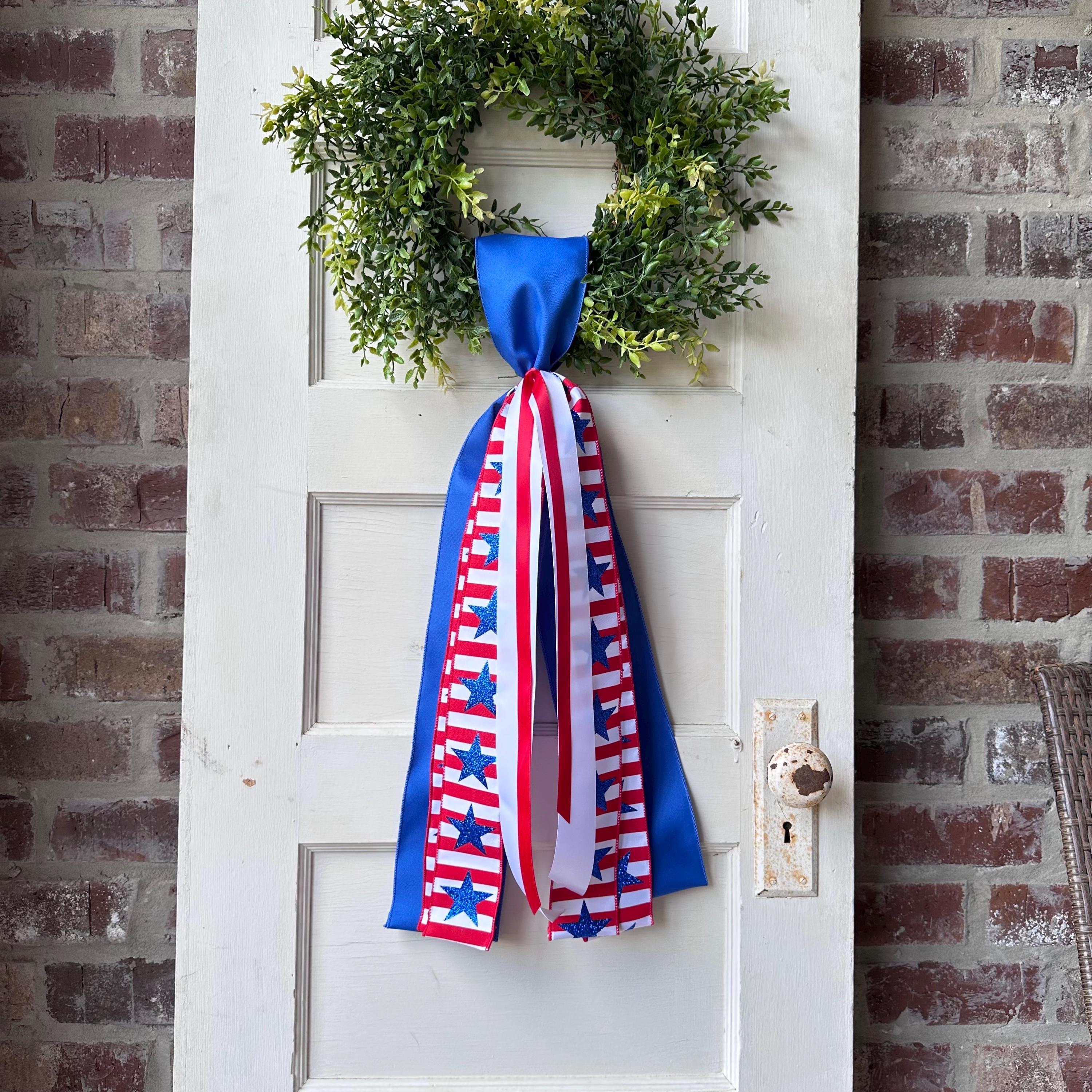 Red white blue plaid wreath sash patriotic front door ribbon bow 4th of July boxwood wreath decor Americana wired ribbon sash stars stripes