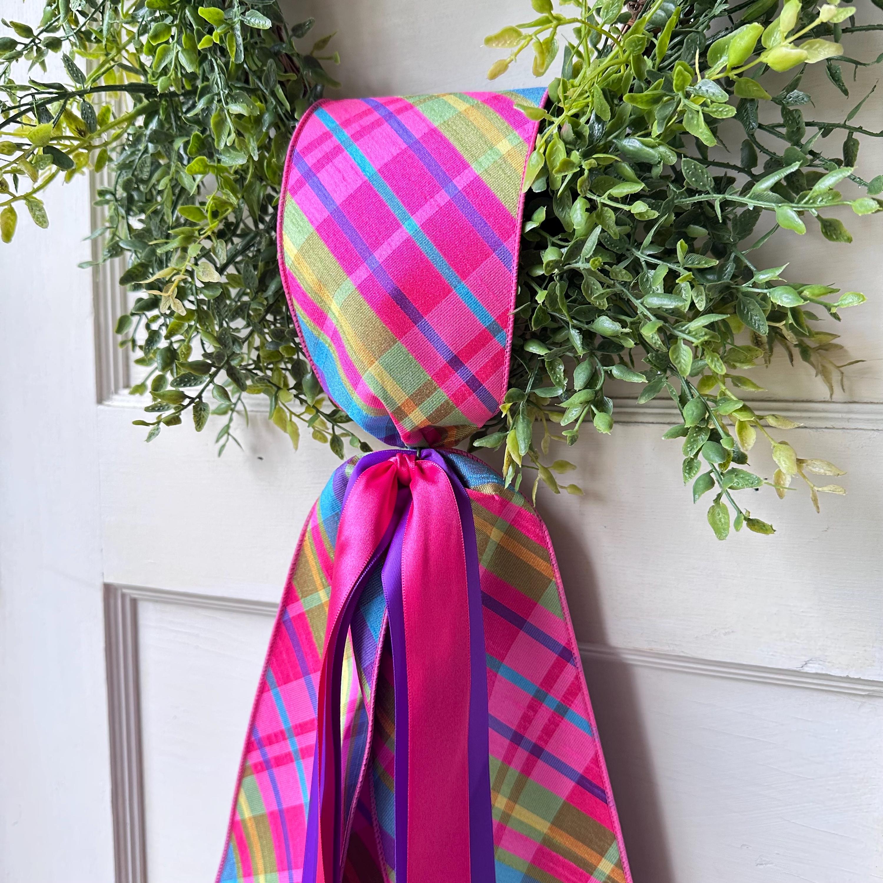Summer Wreath Ribbon for Wreath Colorful Plaid Pattern Satin Accent Spring Sash Hot Pink Purple Blue Lime Green Design Summer Sash Enhancement Beautiful Bright Display Summer Decor Collection Craft Supply Quality Construction Fixed Size