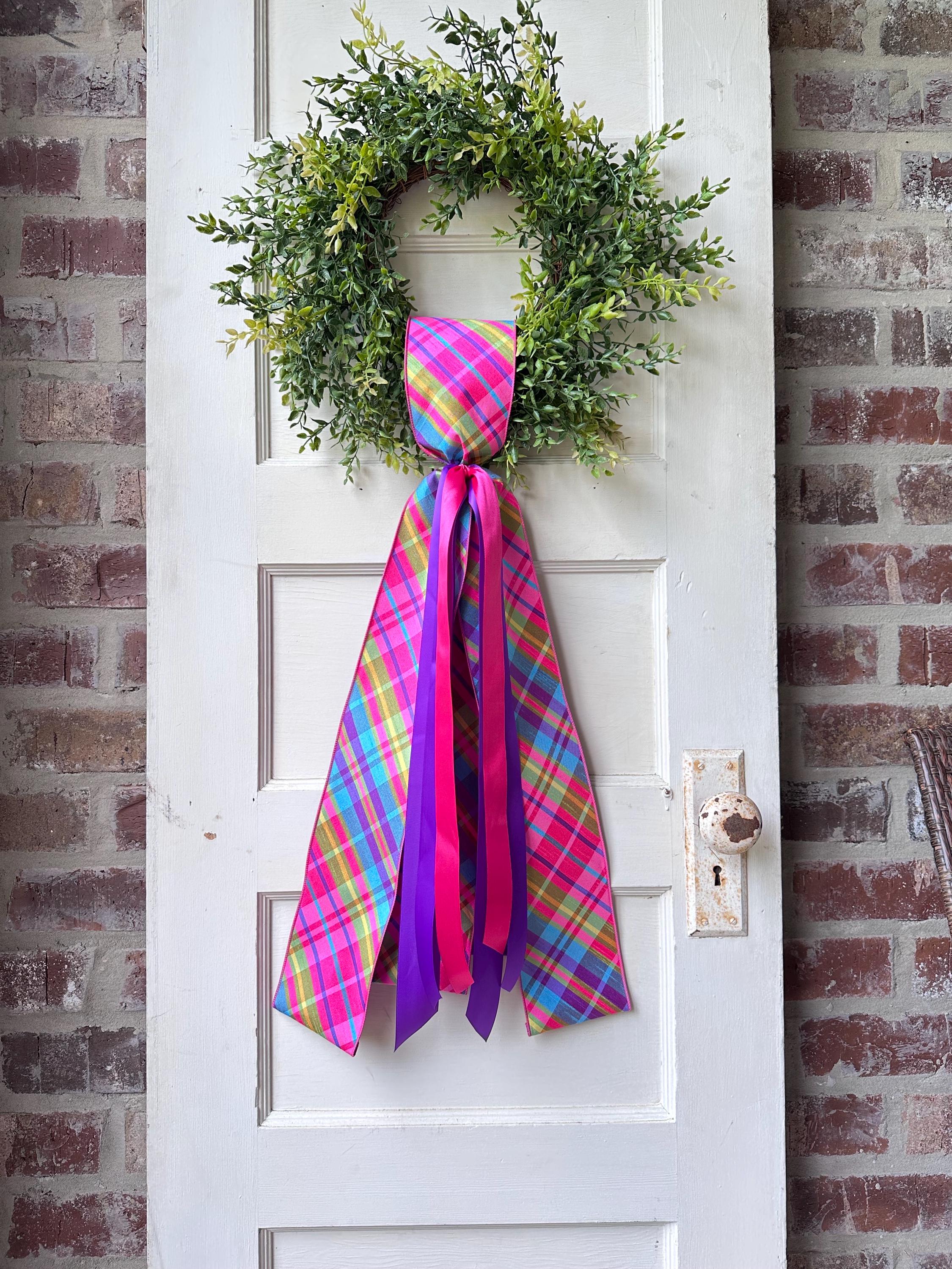 Plaid Ribbon Sash Bright Summer Wreath Enhancement Kit Hot Pink Purple Blue Lime Green Pattern Decorative Door Accent Spring Collection Satin Trim Design Craft Supply Beautiful Color Combination Fixed Width Length Vibrant Home Display