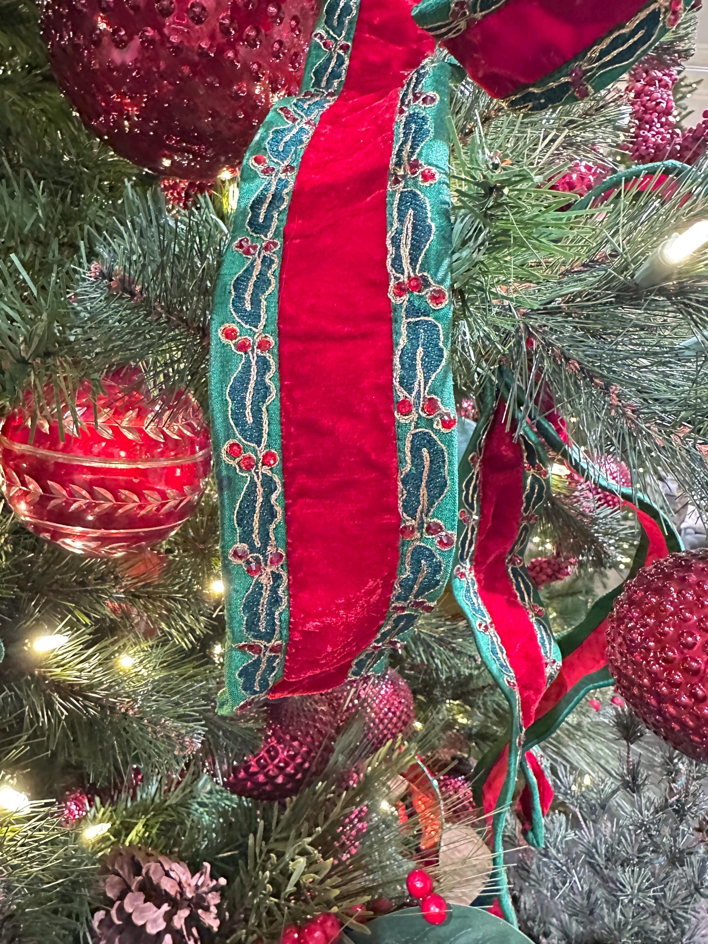 Red Velvet Christmas Ribbon Wired Edge Holly Ribbon Designer Ribbon Christmas Tree Ribbon Wreath Ribbon Bow Making Holiday Decor 2.5 Inch 5