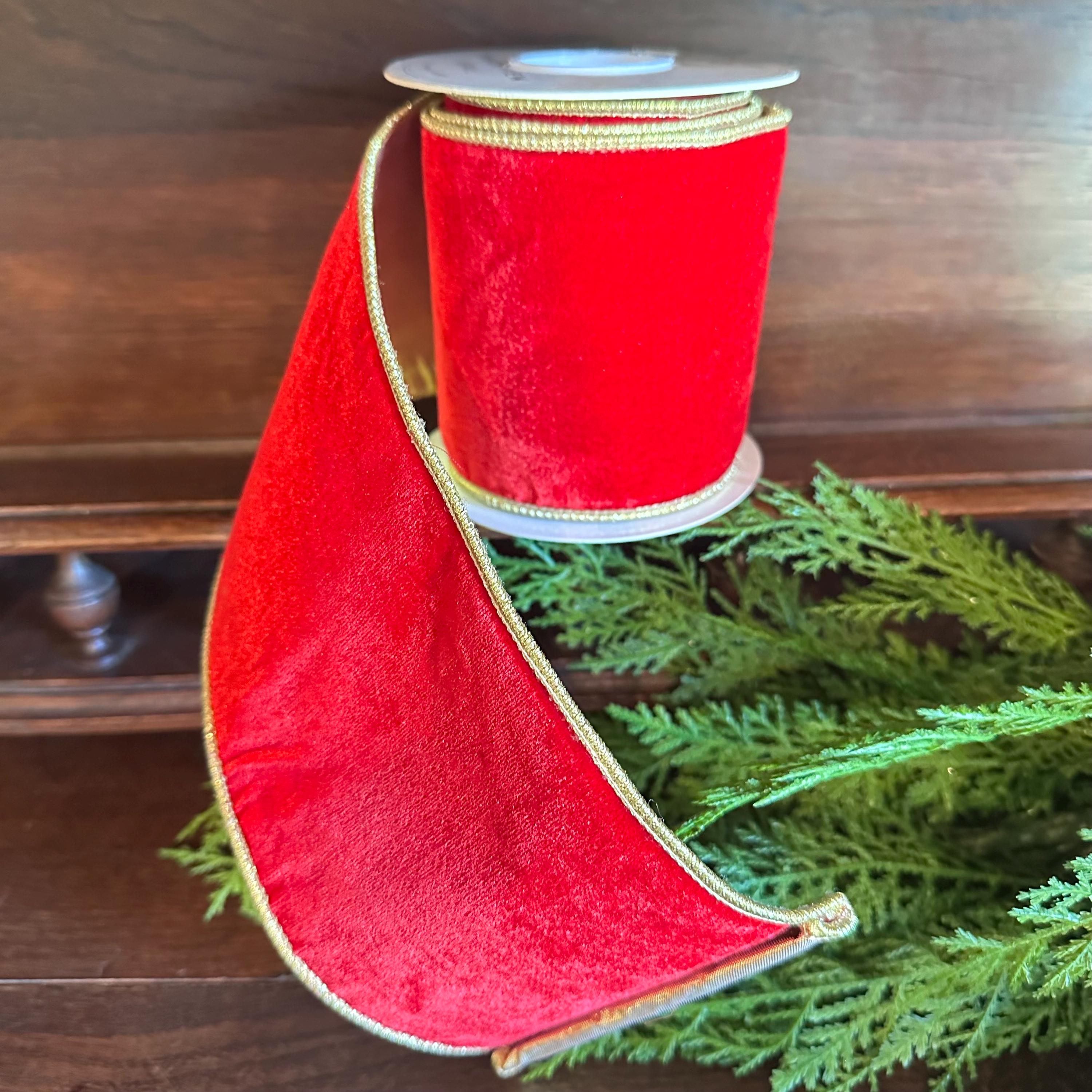 Red Velvet Christmas Ribbon Luxury Wired Ribbon with Gold Edge & Gold Backing Designer Wreath Ribbon, Wide Ribbon 4 Inch, 5 Yard Roll