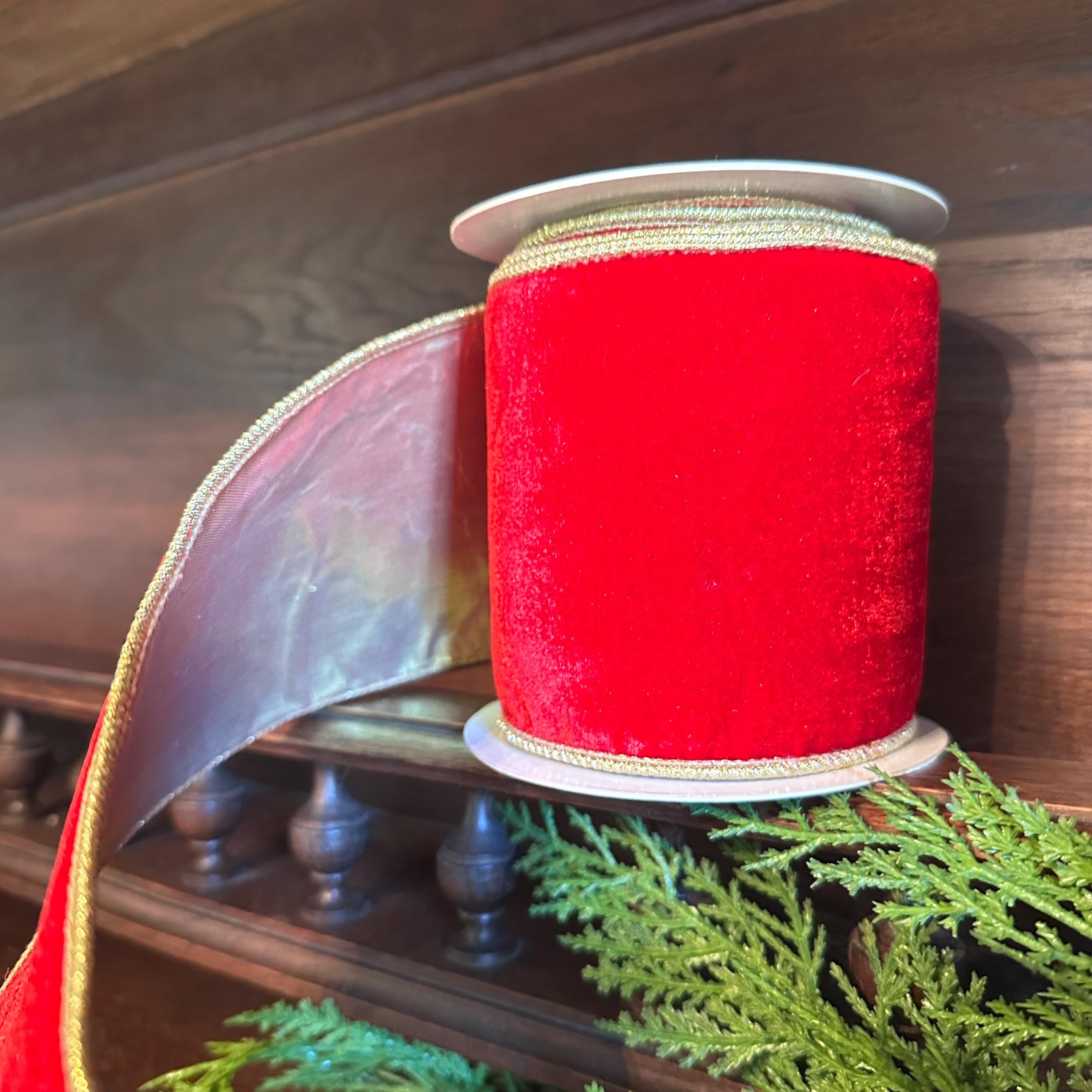 Red Velvet Christmas Ribbon Luxury Wired Ribbon with Gold Edge & Gold Backing Designer Wreath Ribbon, Wide Ribbon 4 Inch, 5 Yard Roll