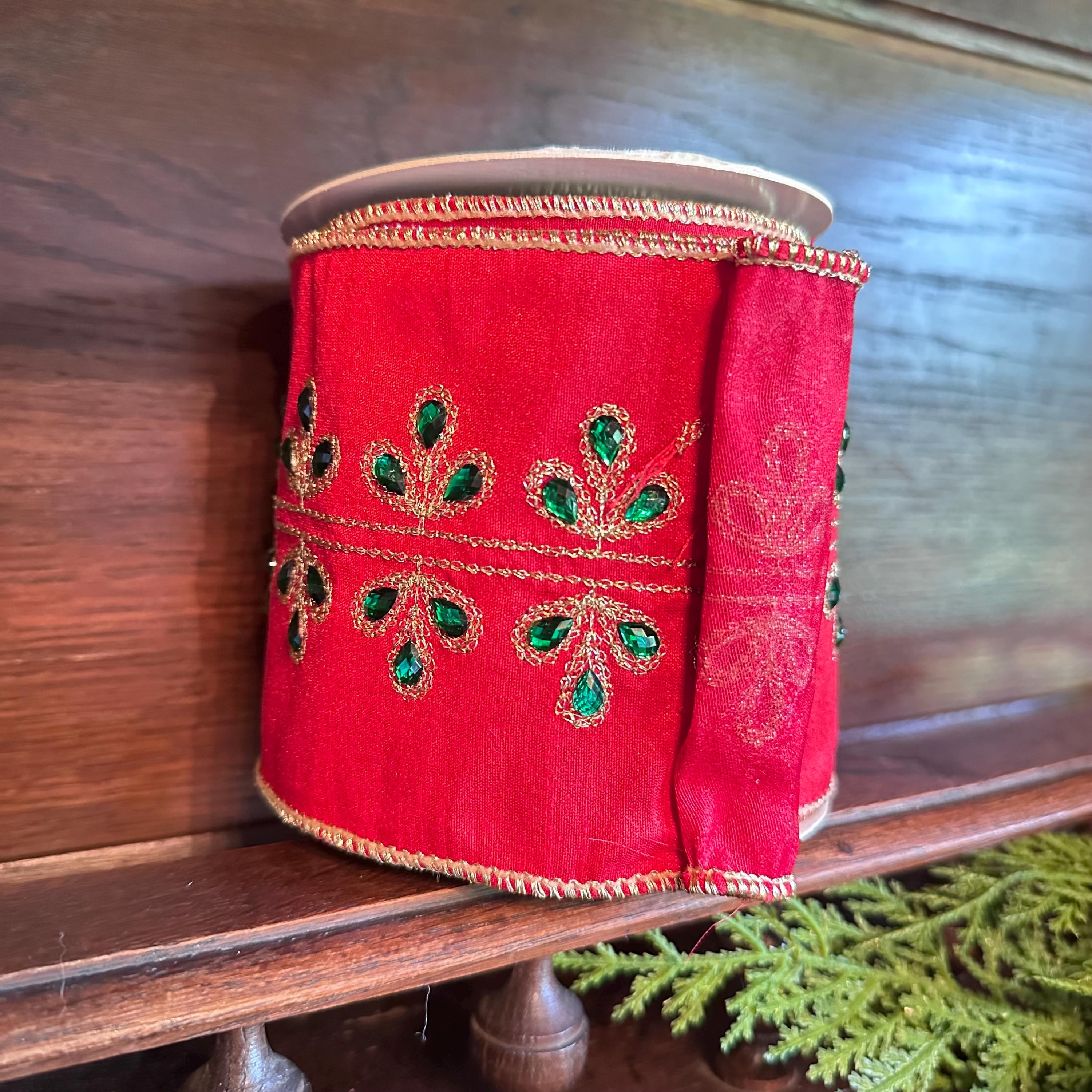 Red Dupioni Christmas Ribbon Wired Edge Ribbon Gold Embroidered Ribbon Christmas Tree Ribbon Wreath Ribbon Bow Making Holiday Decor