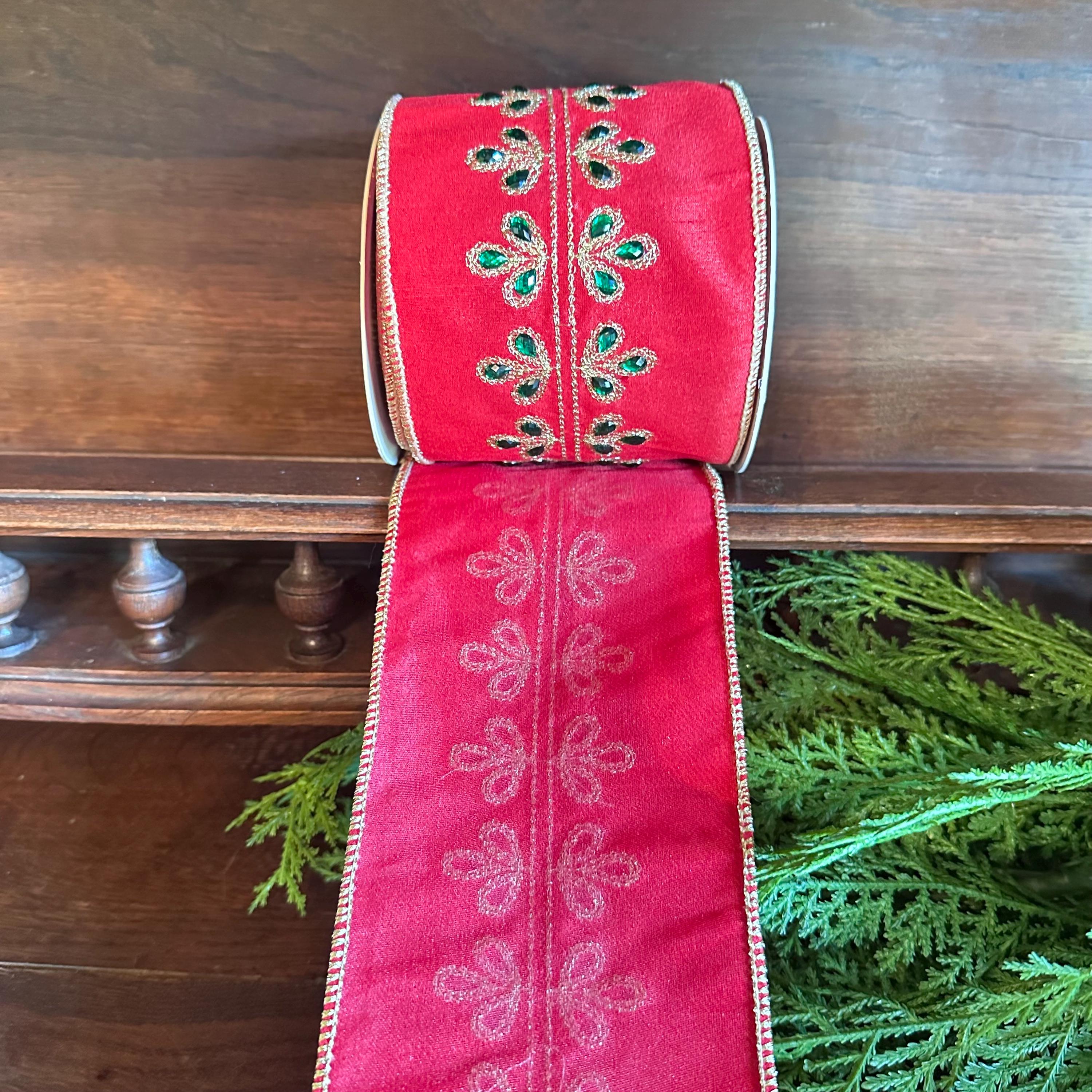 Red Dupioni Christmas Ribbon Wired Edge Ribbon Gold Embroidered Ribbon Christmas Tree Ribbon Wreath Ribbon Bow Making Holiday Decor