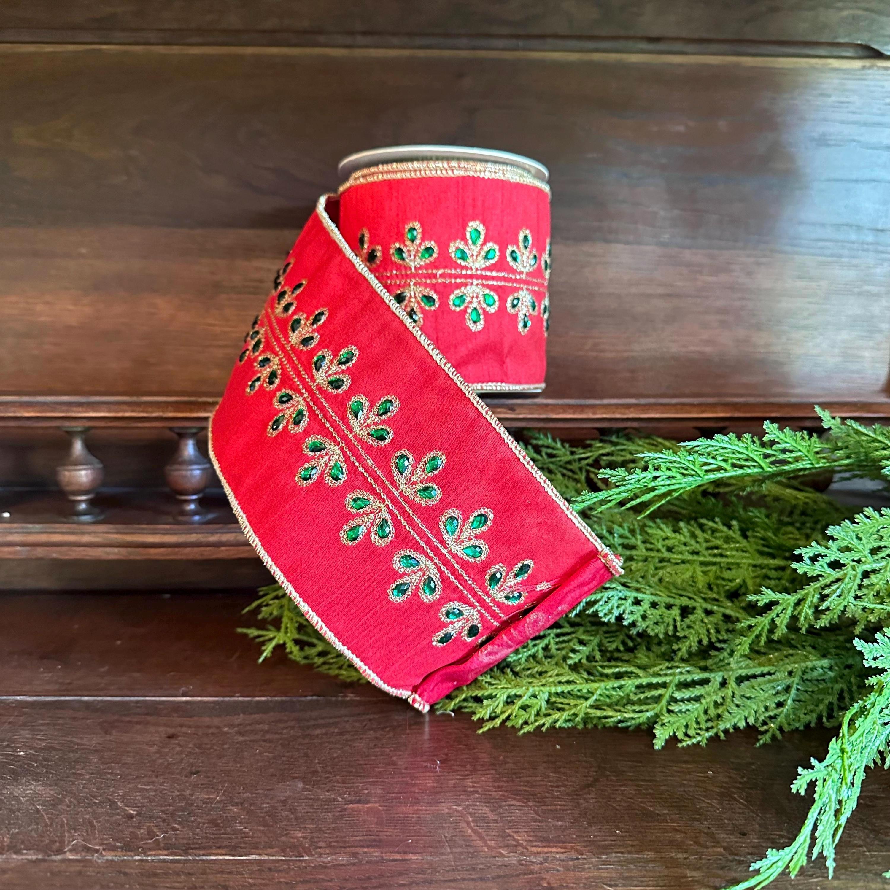 Red Dupioni Christmas Ribbon Wired Edge Ribbon Gold Embroidered Ribbon Christmas Tree Ribbon Wreath Ribbon Bow Making Holiday Decor