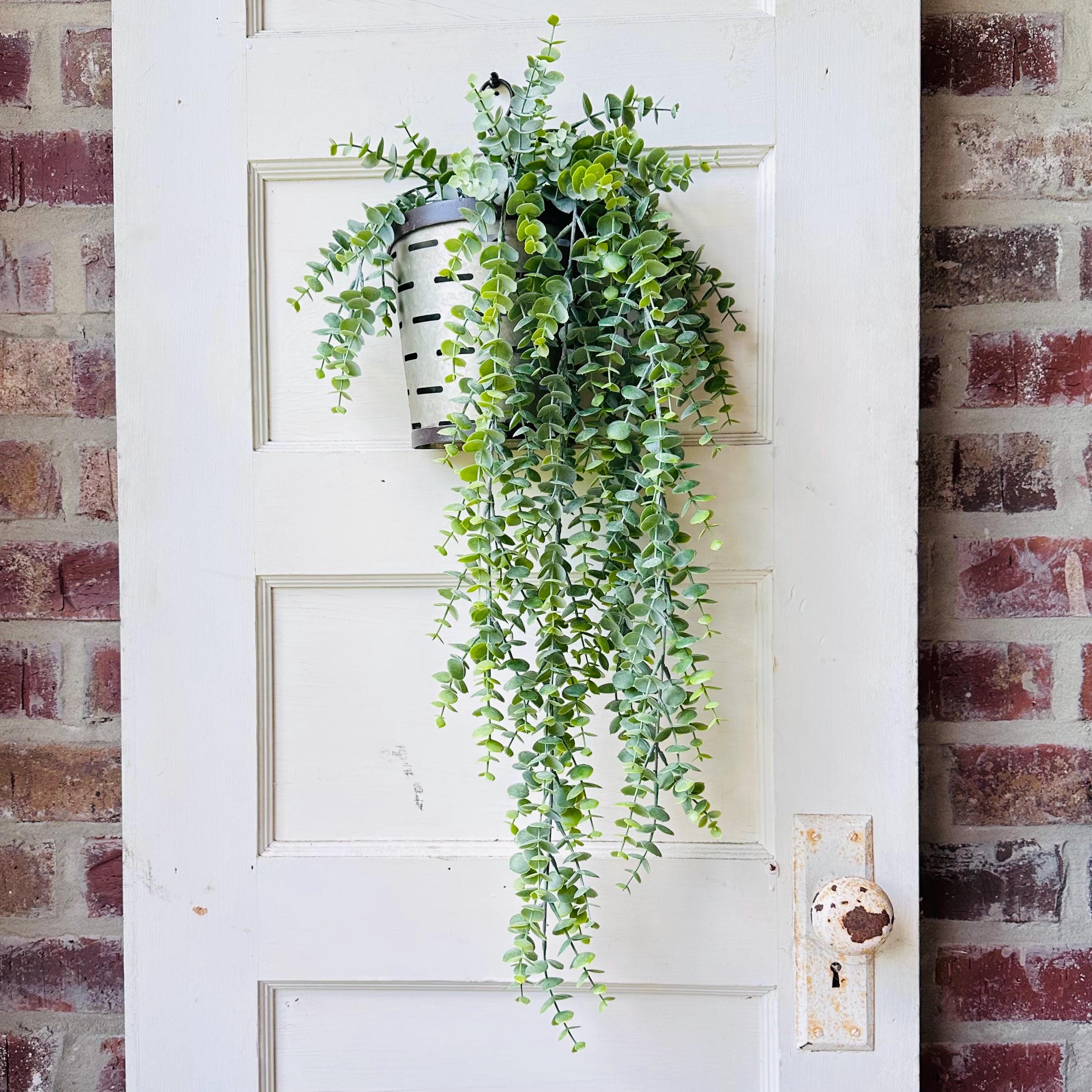 31-inch long green plastic hanging eucalyptus bush with trailing faux leaves measuring 10 to 14 inches wide styled for shelf or wall decor.
