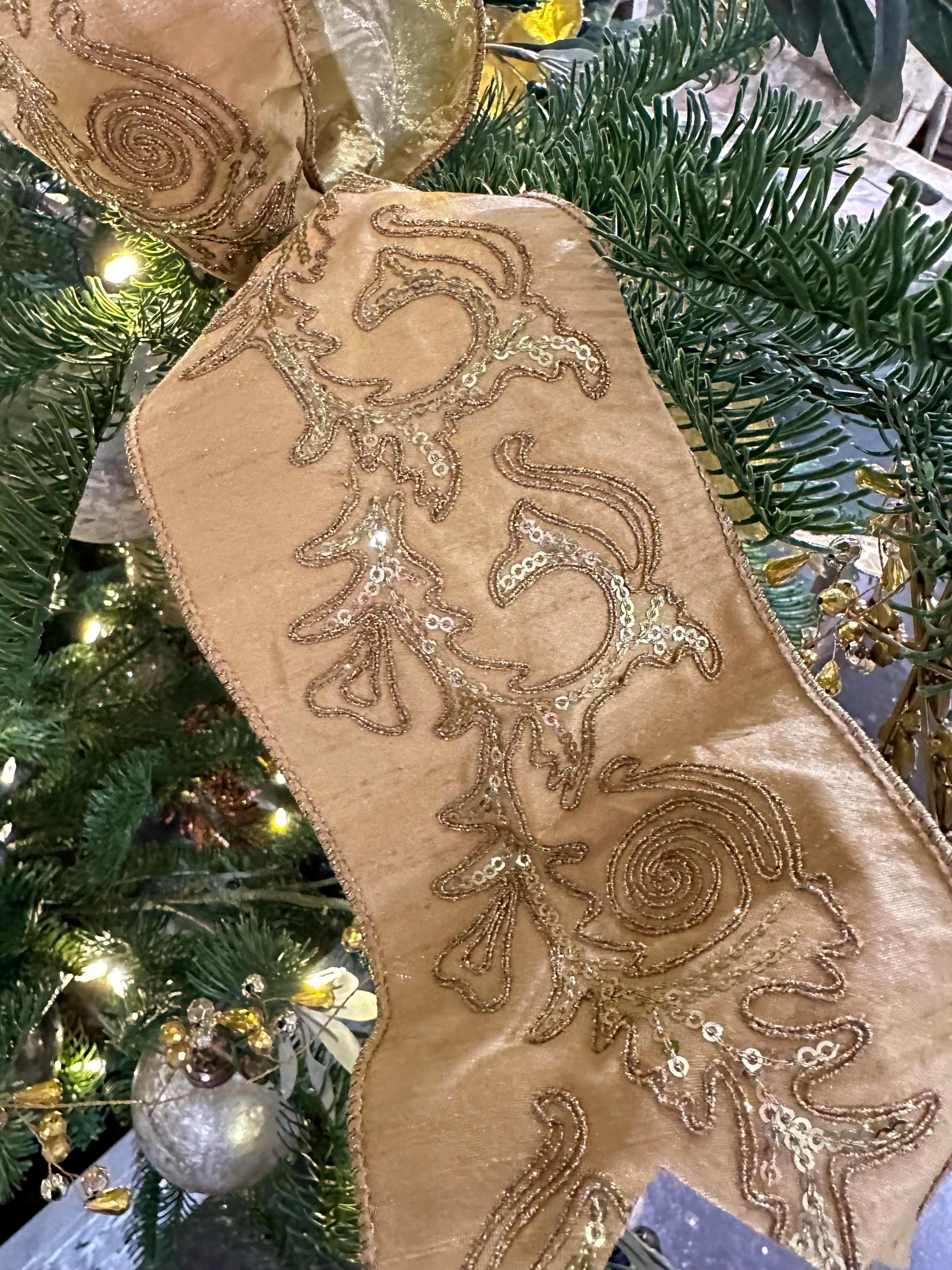 Vintage Christmas Ribbon, Embroidered Gold Wired Ribbon, Christmas Ribbon, Sequins Luxury Ribbon, Christmas Tree Ribbon Decor Wreath Ribbon