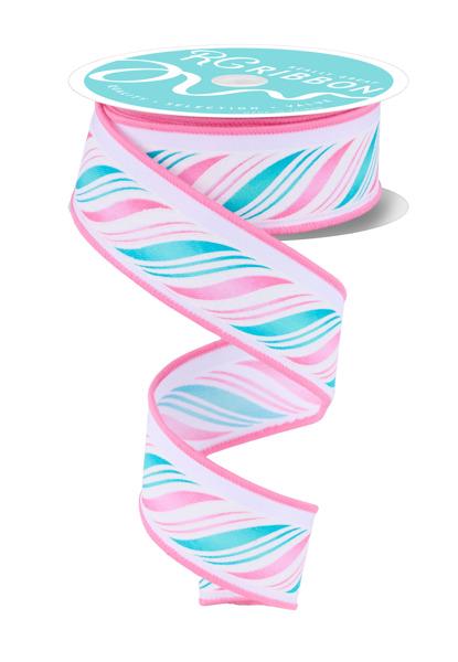 Wired Peppermint Ribbon Winter Holiday Craft Supply Professional Gift Wrapping Material Twist Pattern Design White Pink Ice Blue Mint Color Collection Bow Making Essential Wire Edge Construction Premium Quality Trim Ten Yard Length Project