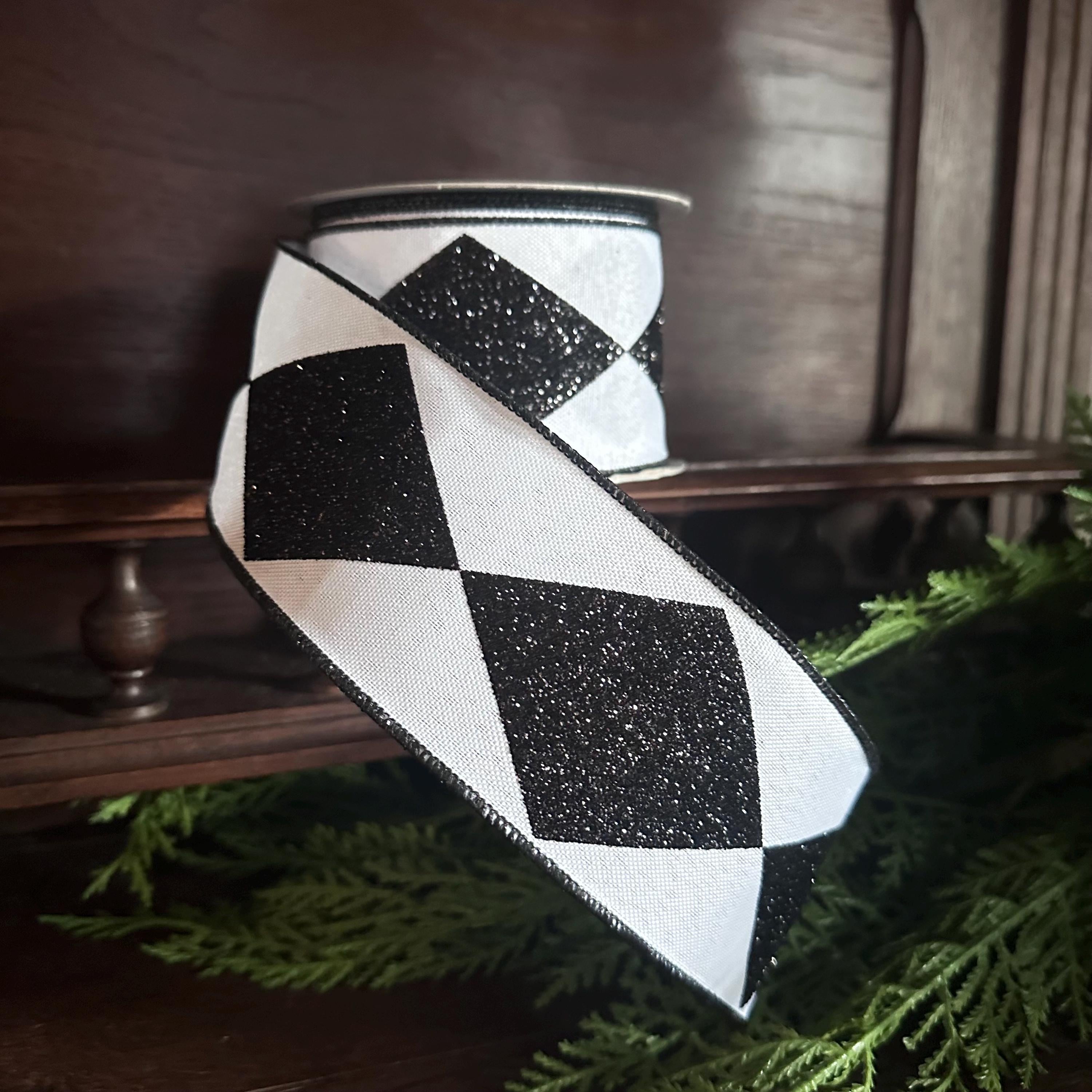 Premium Craft Ribbon Harlequin Pattern Design Black White Diamond Collection Glitter Accent Pieces Wired Edge Construction Professional Wreath Making Supply Holiday Project Material Beautiful Sparkle Details Quality Crafting Essential