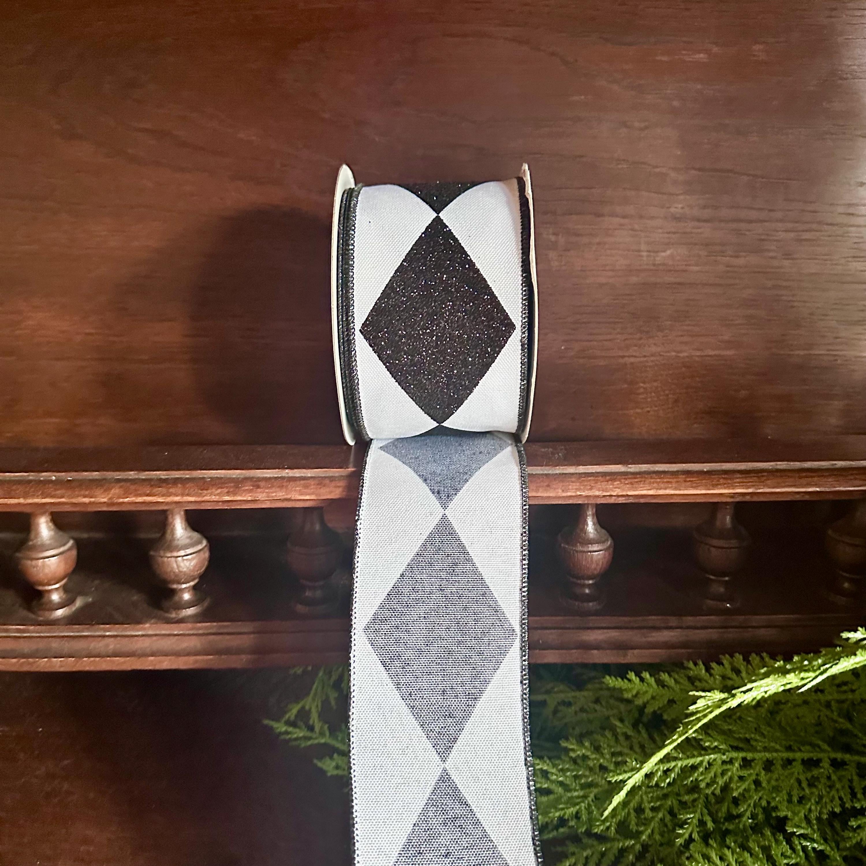 Sparkle Diamond Pattern Ribbon Black White Harlequin Design Premium Craft Supply Wired Edge Construction Professional Wreath Making Material Holiday Project Essential Beautiful Accent Collection Quality Construction Crafting Elements