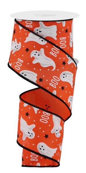 2.5" wide and 10 yards on a spoil this, Halloween Wired Ribbon Orange Background Ghost Pattern. The white ghost is going into different directions with the word "BOO" throughout the ribbon.  Small white polka dots and black stars are throughout the ribbon. Perfect for wreaths, garlands, Halloween decor, craft supplies, project supply. The ribbon holds its shape because of the wire edge. Wreath Making Essential Door Hanging Accent Spooky Style Design Haunted House Project Supply Be