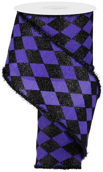 Harlequin Ribbon Purple Black Glitter Wired Edge Ribbon Halloween Decor Mardi Gras Ribbon Wreath Bow Ribbon 10 Yard Roll