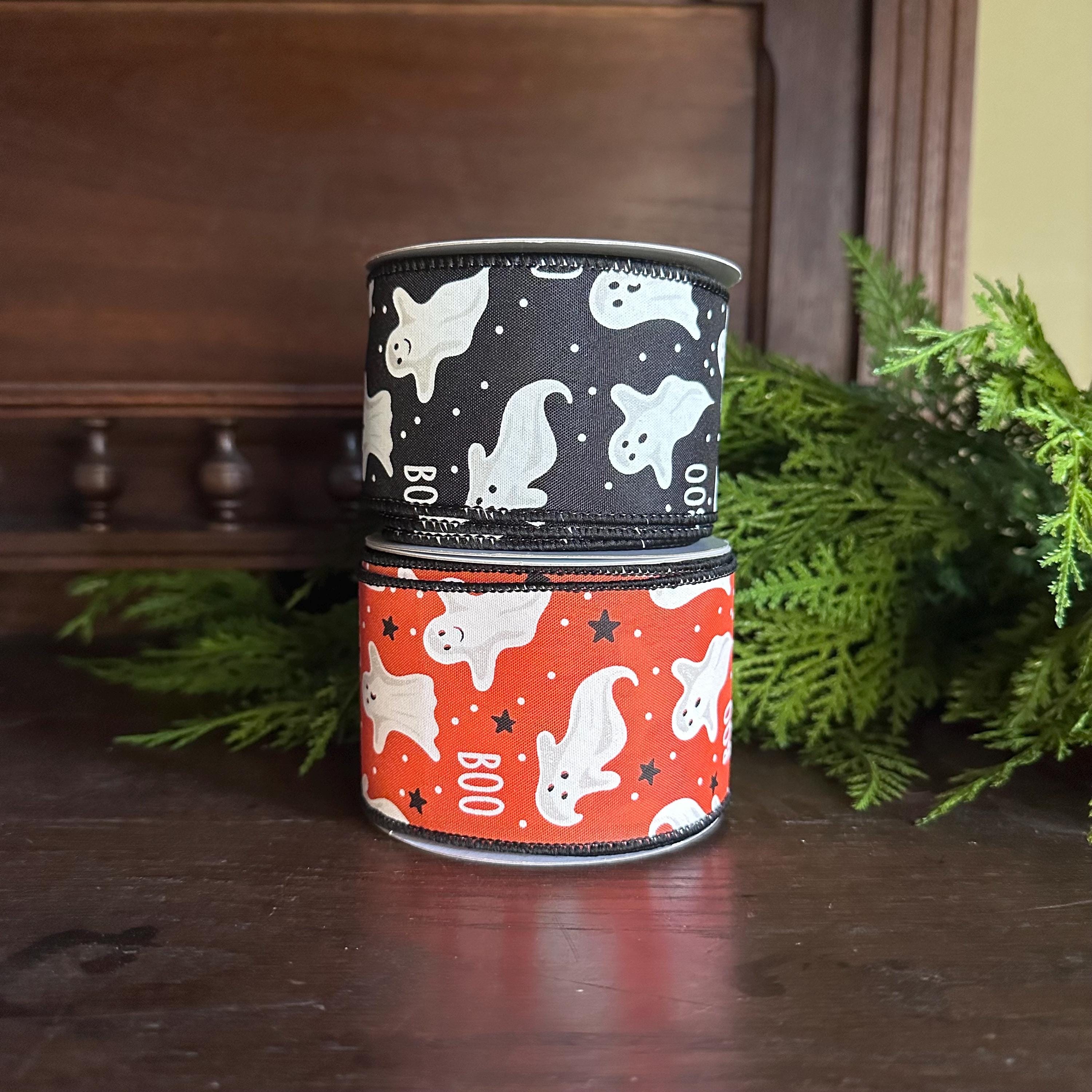 Wired Craft Ribbon Halloween Theme Ghost Pattern Black Background Premium Quality Construction Shape Holding Edges Door Hanging Supply Wreath Making Material Spooky Style Design Ten Yard Roll Beautiful BOO Text Pattern Haunted House Project