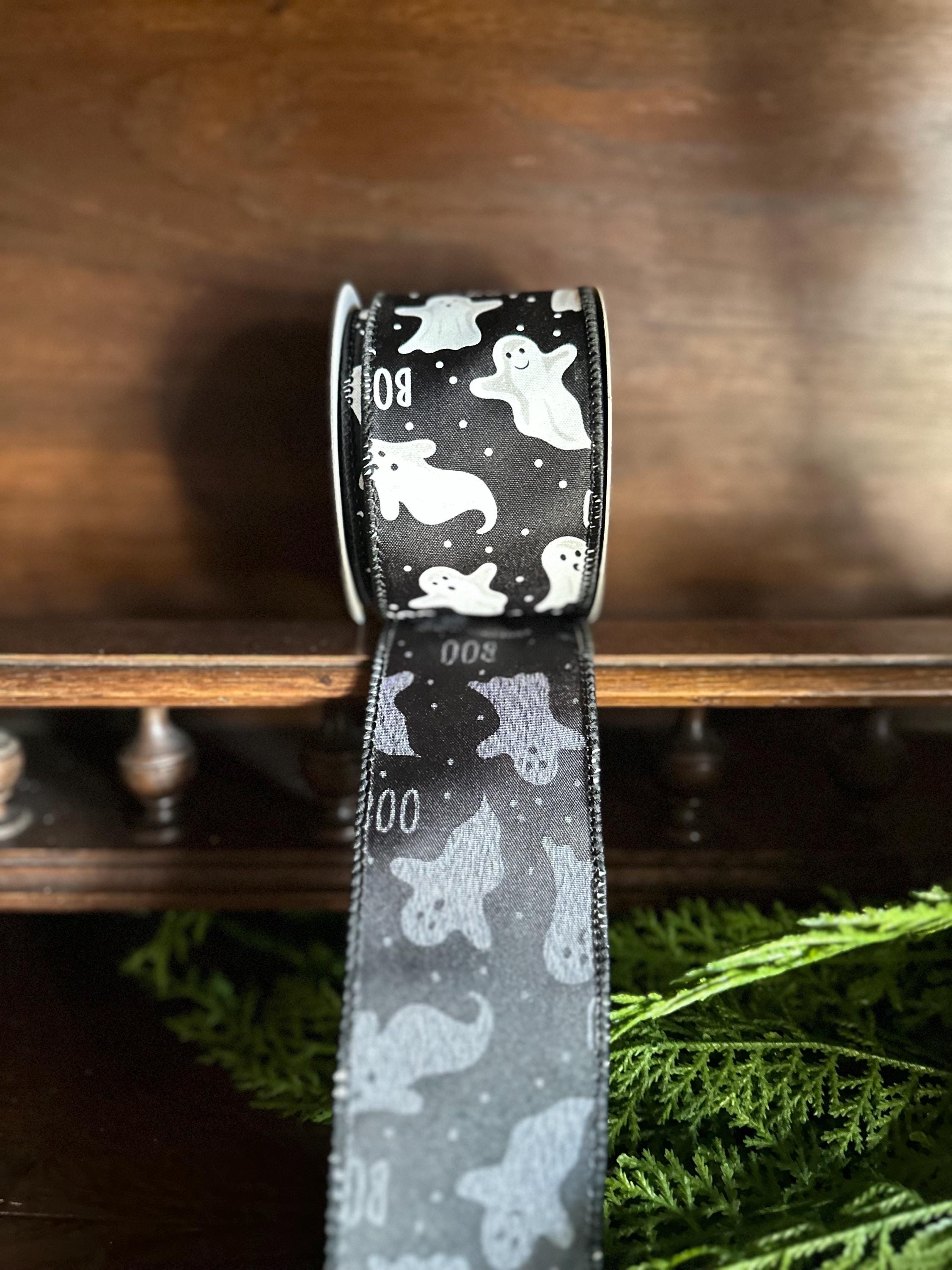 Halloween Wired Ribbon Ghost BOO Ribbon Spooky Ribbon Halloween Wreath Ribbon Halloween Decor Orange Ribbon 10 Yard Roll