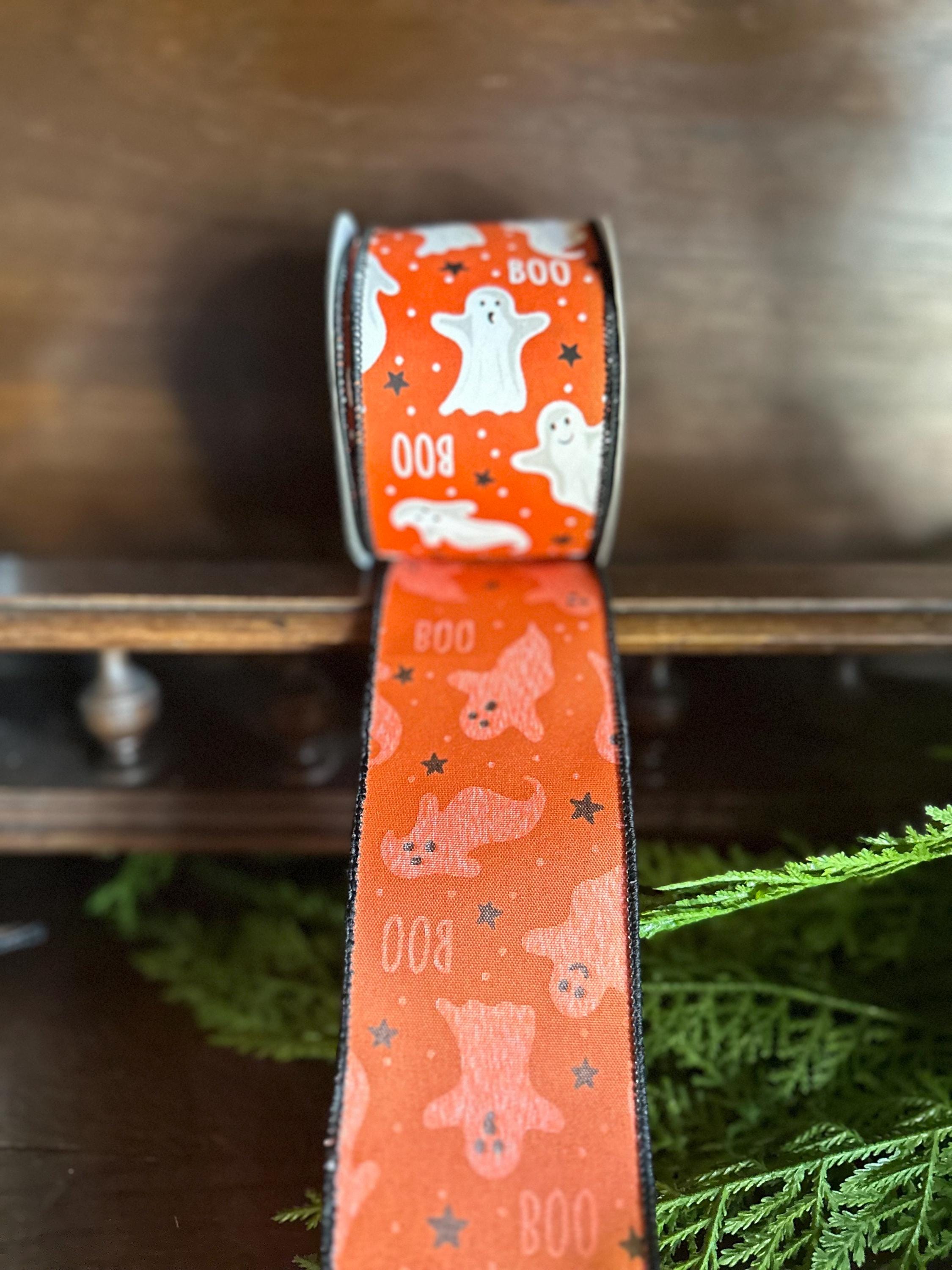 Halloween Wired Ribbon Ghost BOO Ribbon Spooky Ribbon Halloween Wreath Ribbon Halloween Decor Orange Ribbon 10 Yard Roll