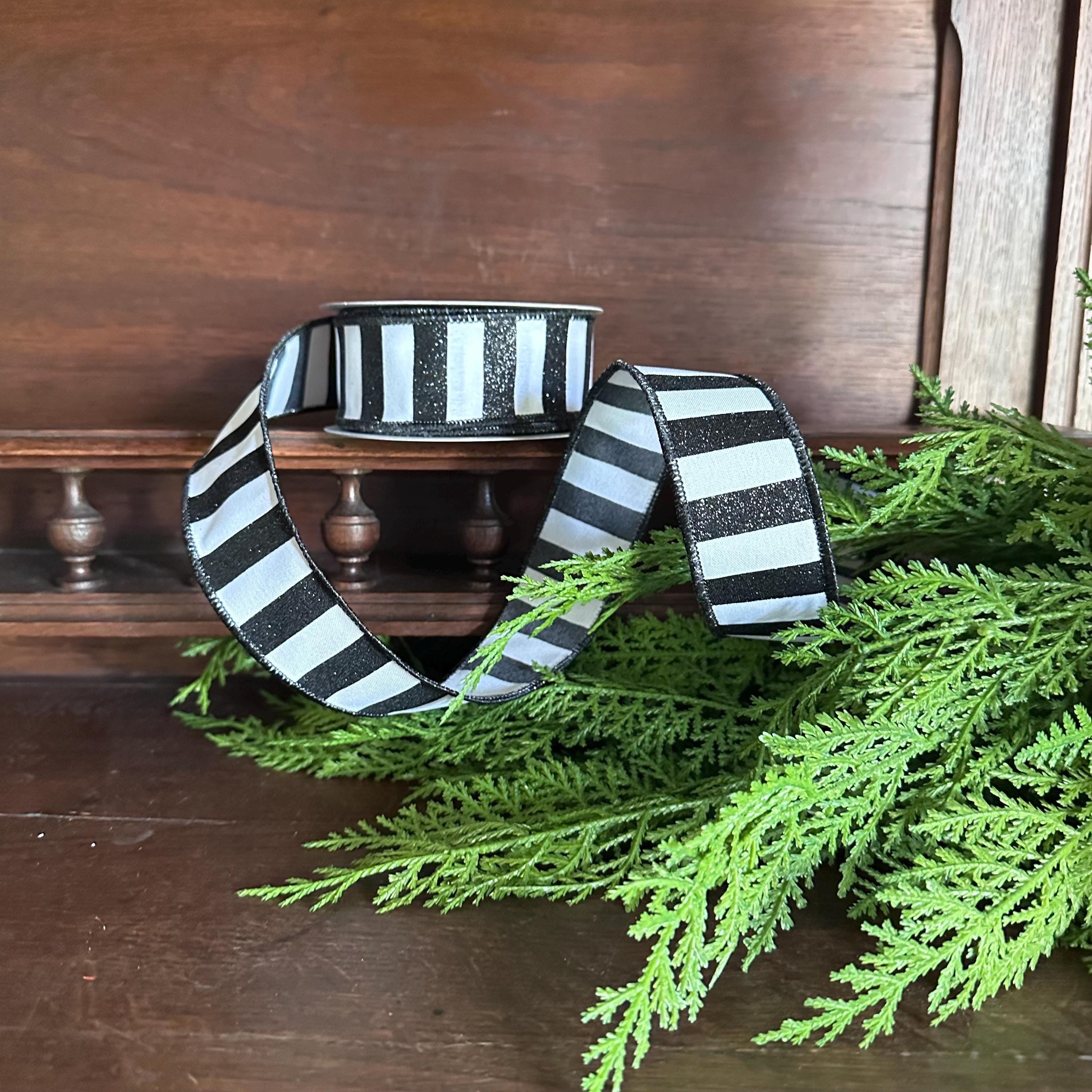 Black White Stripe Ribbon Wired Edge Ribbon Wreath Ribbon Bow Making Ribbon Farmhouse Ribbon Halloween Ribbon Gift Wrap Ribbon 10 Yard Roll