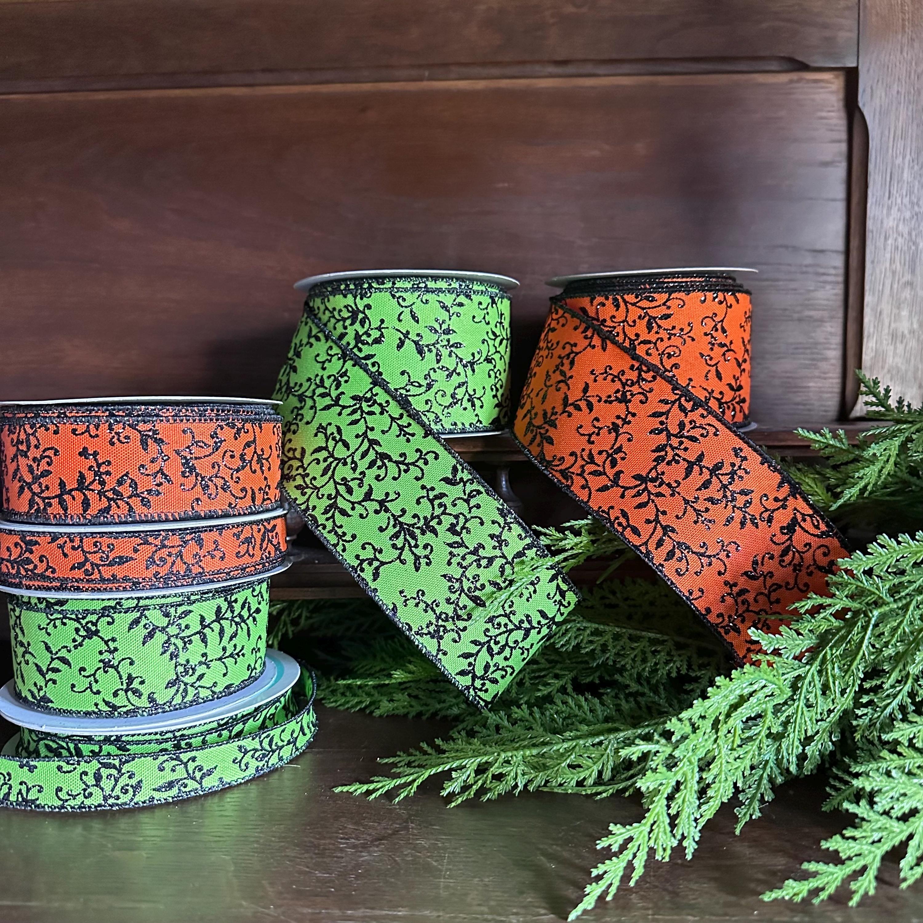 Halloween Wired Ribbon Black Glitter Pattern Premium Craft Supply Wreath Making Material Door Bow Creation Orange Trim Design Fall Project Essential Multiple Width Options Ten Yard Roll Professional Quality Construction Seasonal Craft