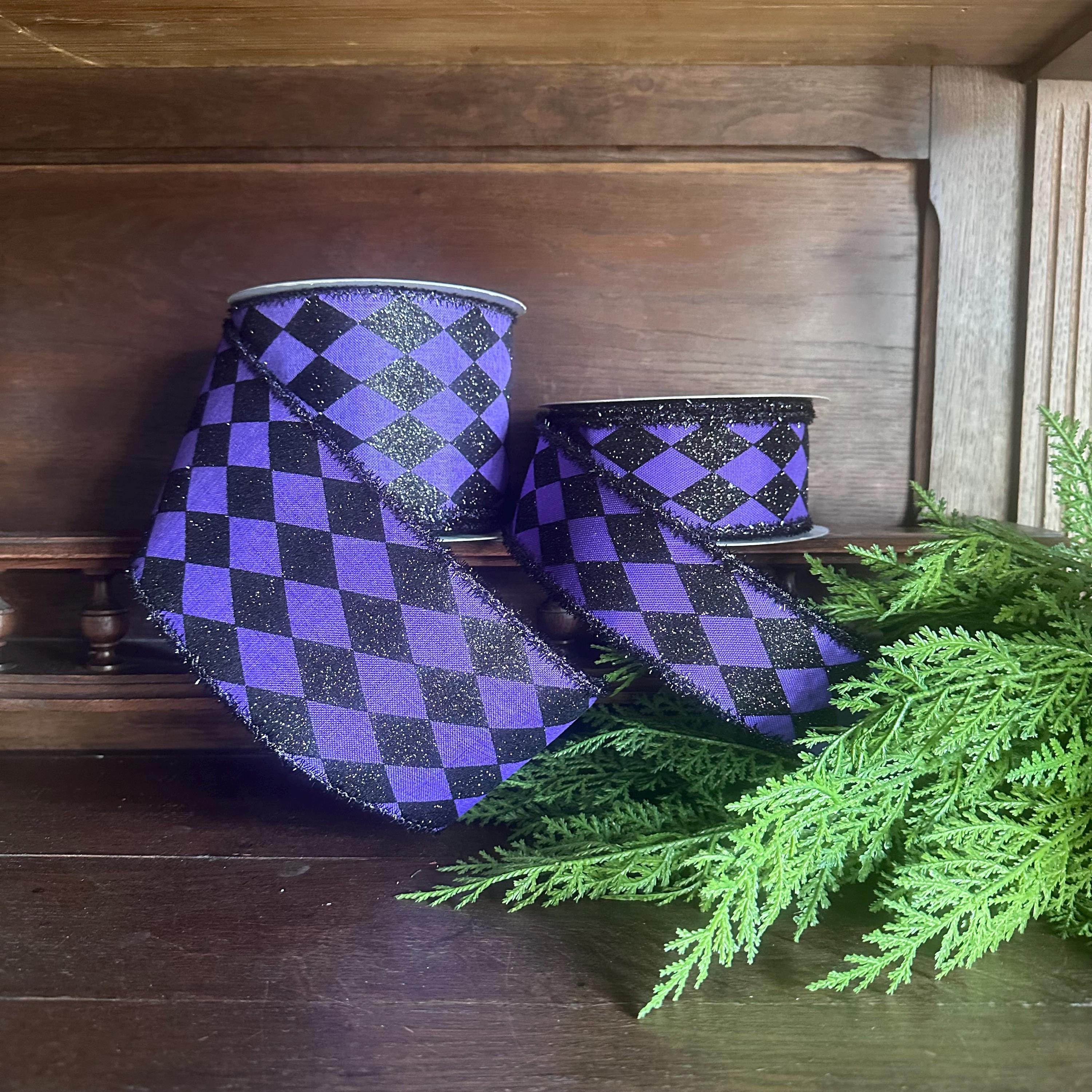Harlequin Ribbon Purple Black Glitter Wired Edge Ribbon Halloween Decor Mardi Gras Ribbon Wreath Bow Ribbon 10 Yard Roll