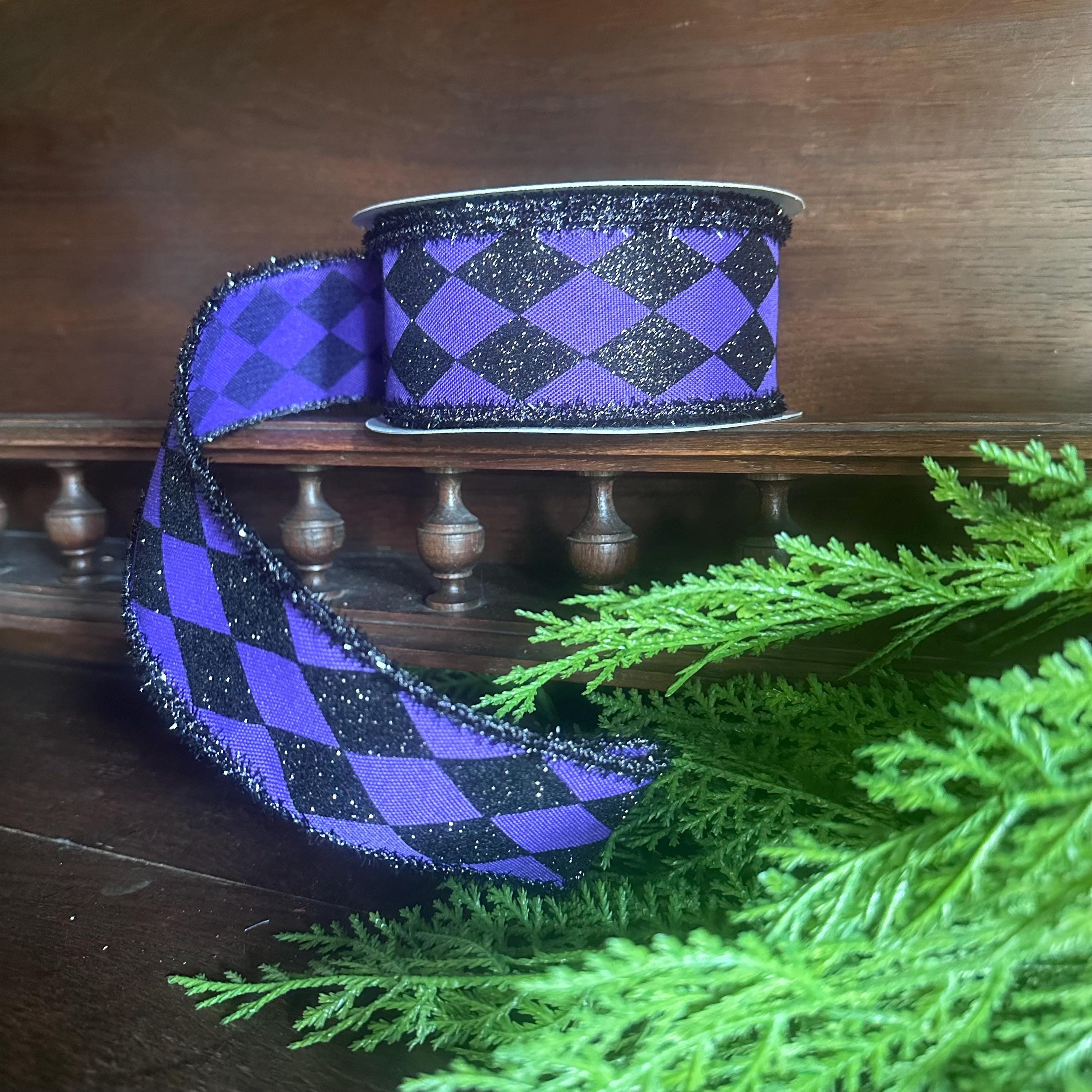Harlequin Ribbon Purple Black Glitter Wired Edge Ribbon Halloween Decor Mardi Gras Ribbon Wreath Bow Ribbon 10 Yard Roll