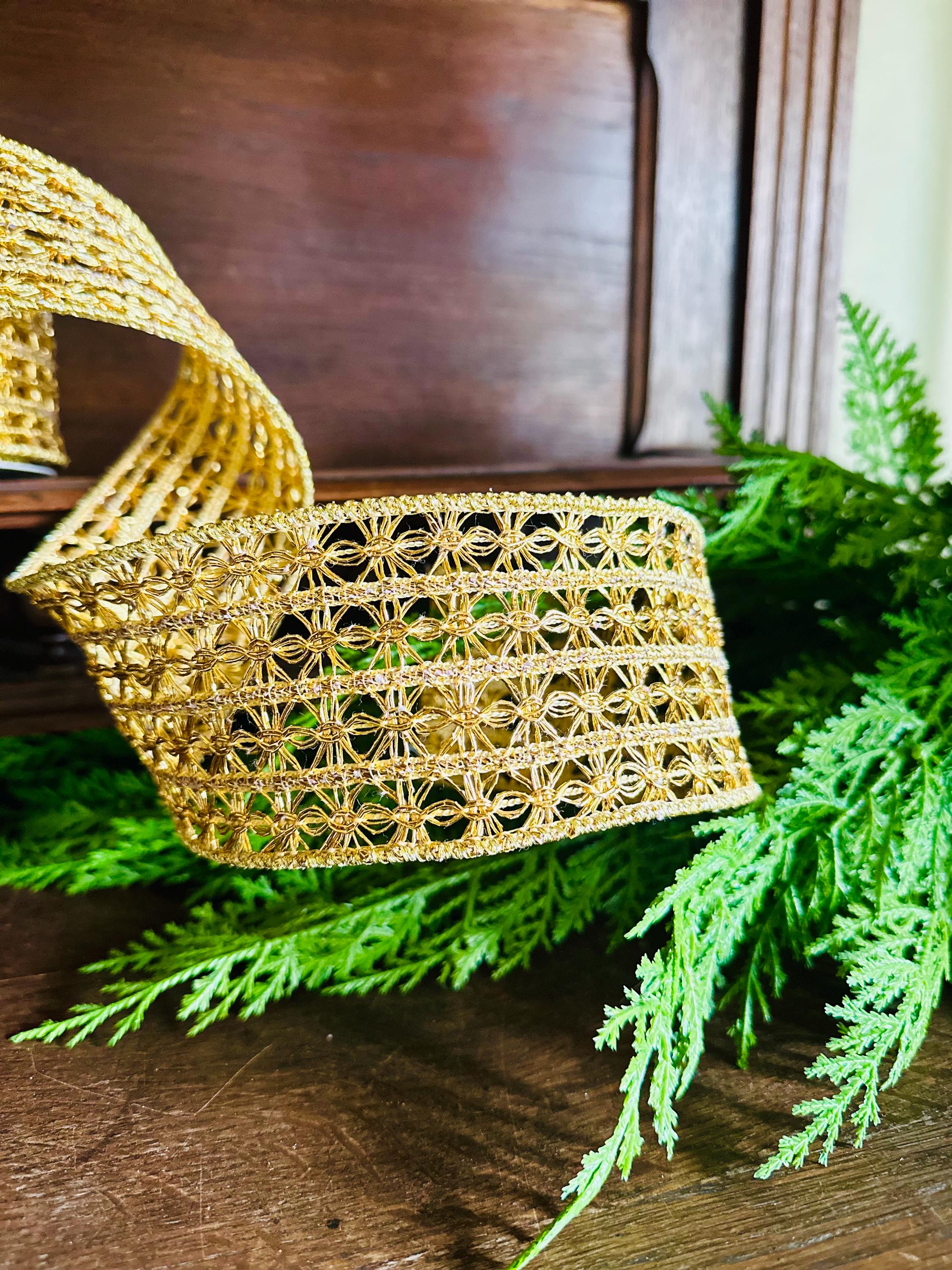 Gold Ribbon Christmas Ribbon for Wreaths Crochet Designer Ribbon Tree Ribbon Holiday Decor, Fall Ribbon, Craft Supply