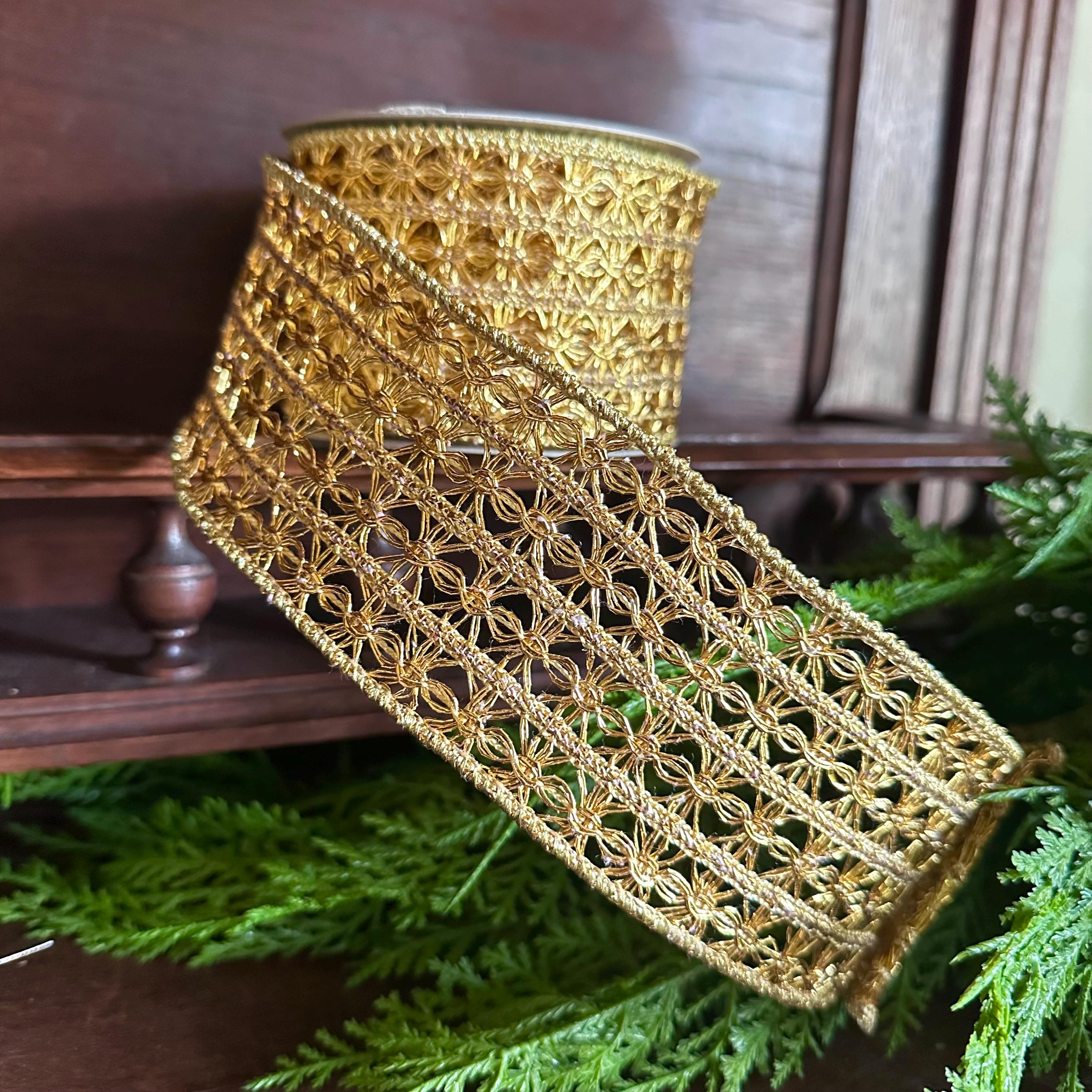 Gold Ribbon Christmas Ribbon for Wreaths Crochet Designer Ribbon Tree Ribbon Holiday Decor, Fall Ribbon, Craft Supply
