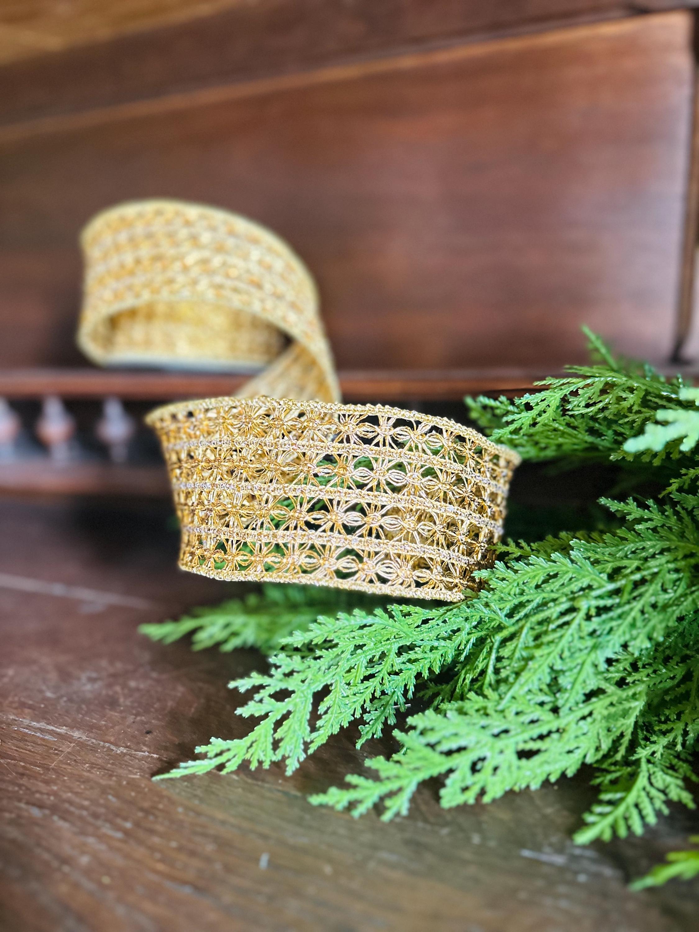 Gold Ribbon Christmas Ribbon for Wreaths Crochet Designer Ribbon Tree Ribbon Holiday Decor, Fall Ribbon, Craft Supply