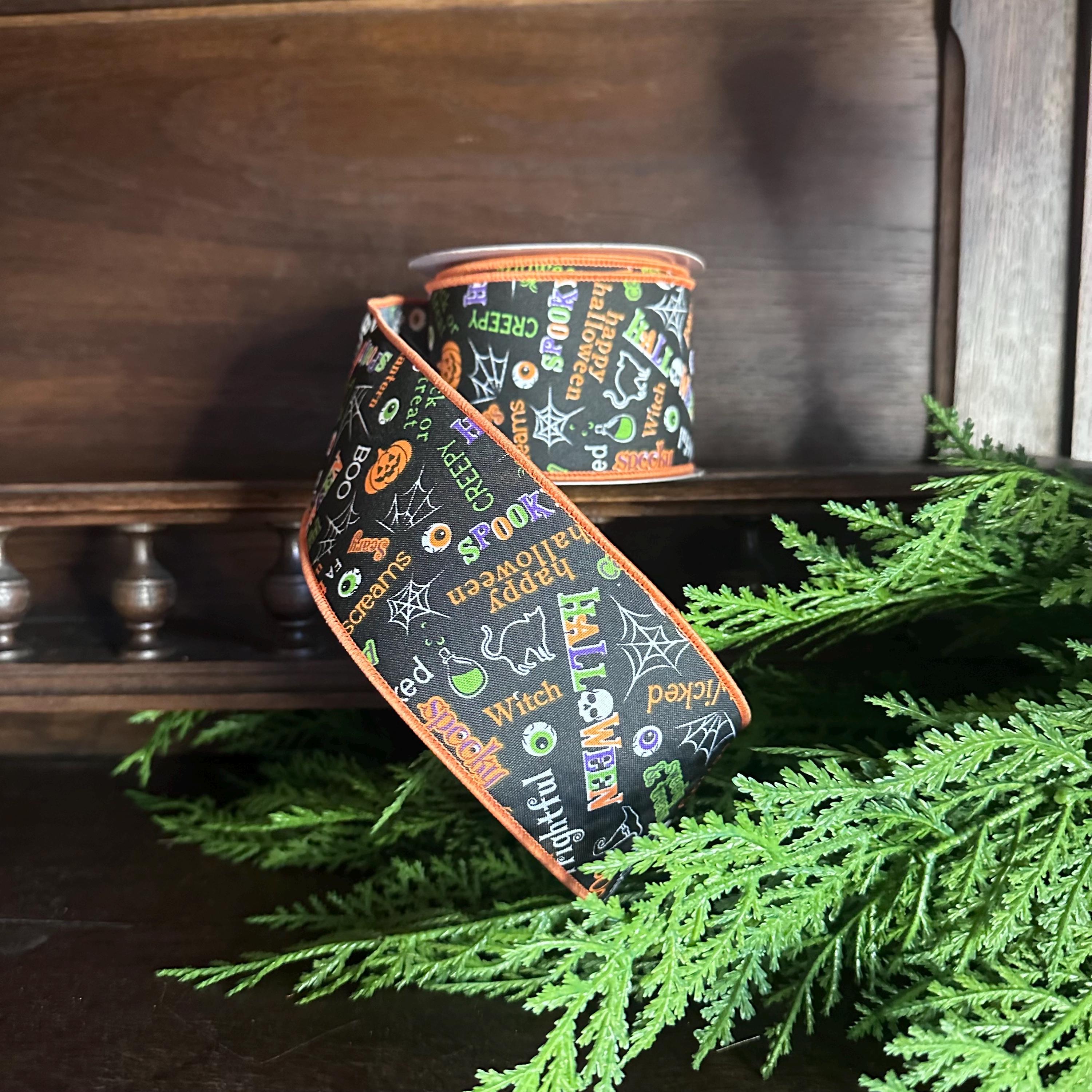 Halloween Ribbon Trick or Treat Ribbon Wired Edge Ribbon Pumpkin Ghost Black Cat Witch Ribbon Wreath Ribbon 2.5 Inch 10 Yard Roll