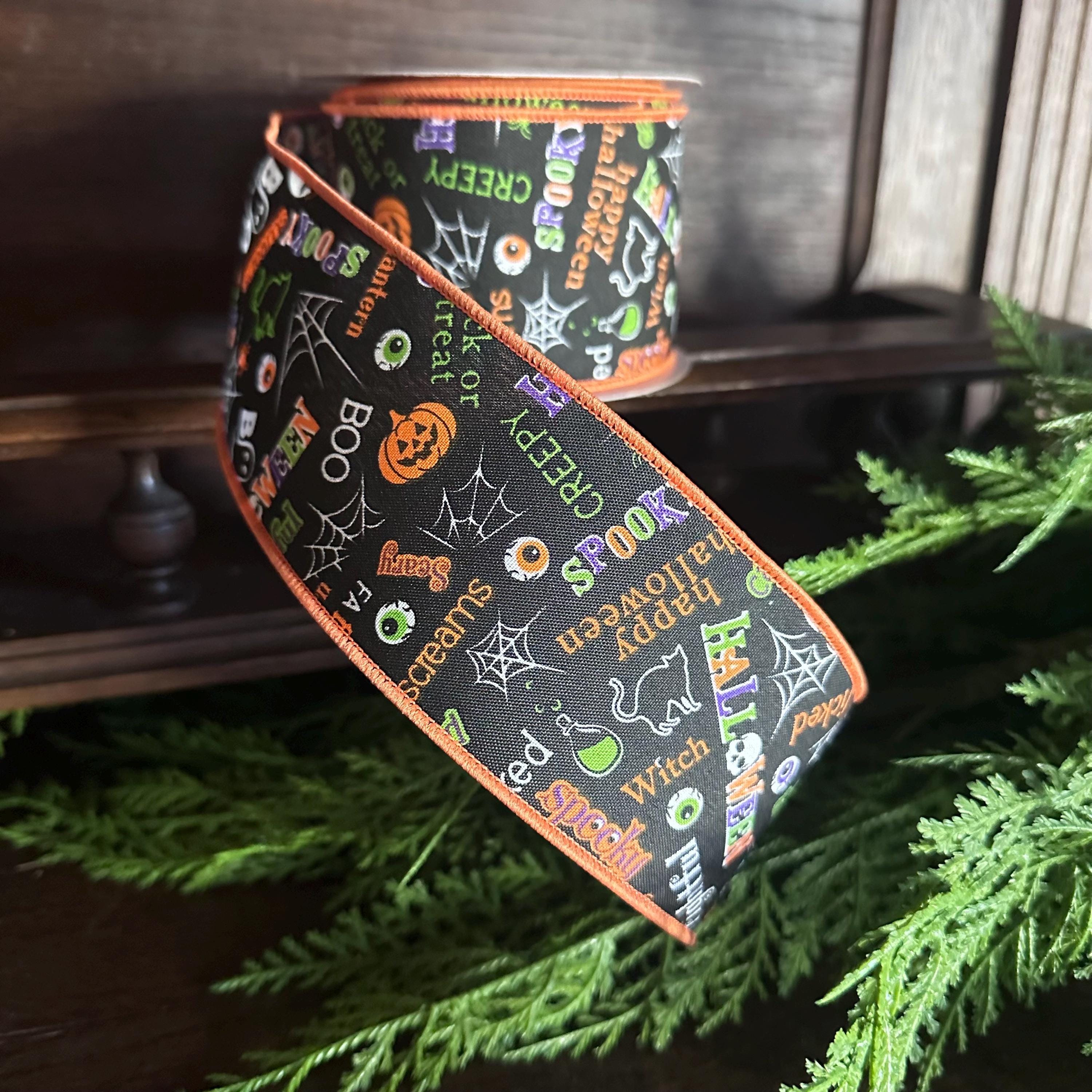 Halloween Ribbon Trick or Treat Ribbon Wired Edge Ribbon Pumpkin Ghost Black Cat Witch Ribbon Wreath Ribbon 2.5 Inch 10 Yard Roll