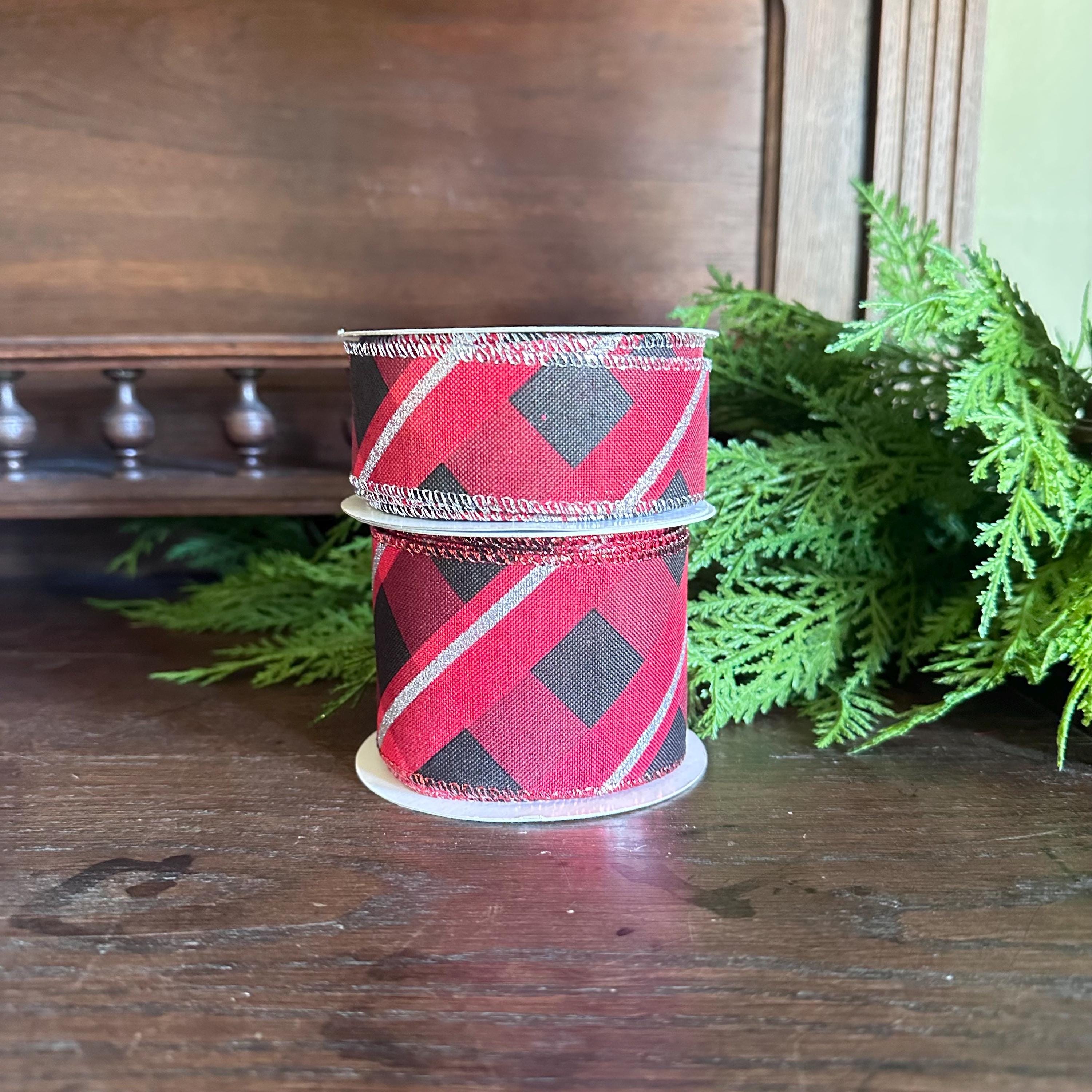 Buffalo Plaid Ribbon Metallic Trim for Christmas Wreath Bows, Gift Wrap Accent (10 Yards)
