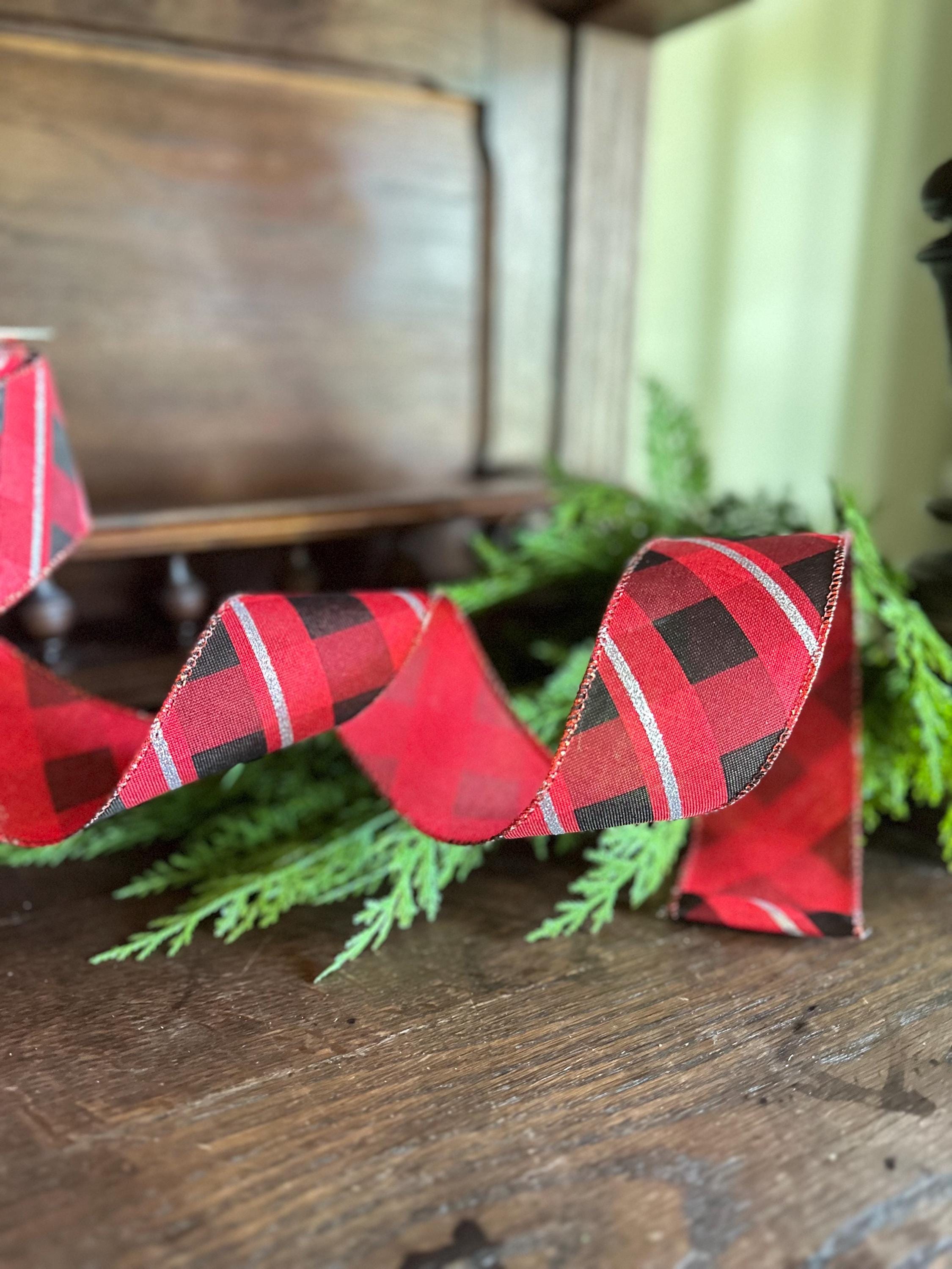 Buffalo Plaid Ribbon Metallic Trim for Christmas Wreath Bows, Gift Wrap Accent (10 Yards)