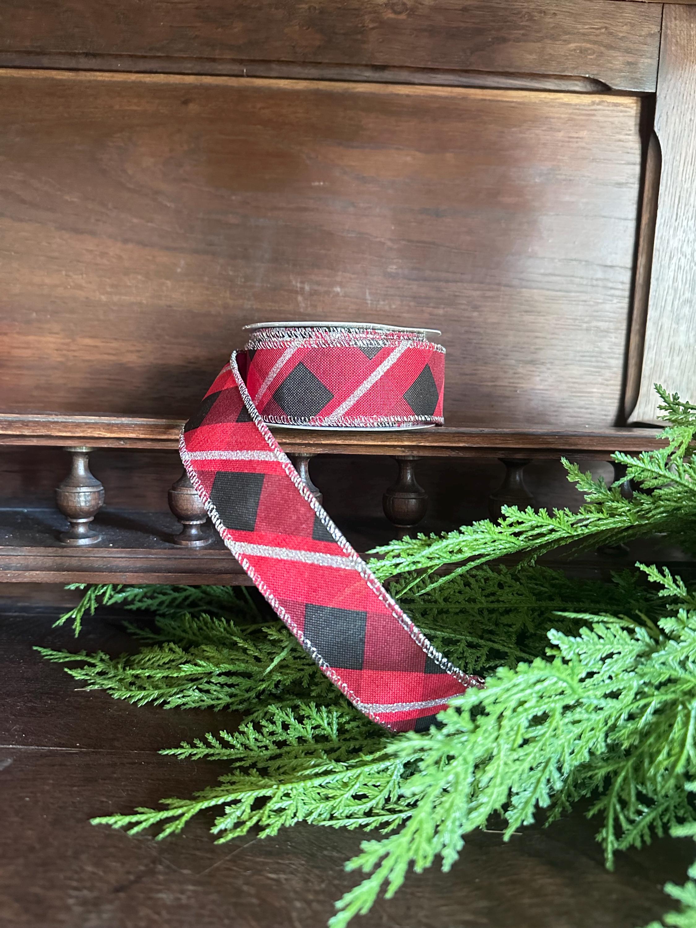 Buffalo Plaid Ribbon Metallic Trim for Christmas Wreath Bows, Gift Wrap Accent (10 Yards)