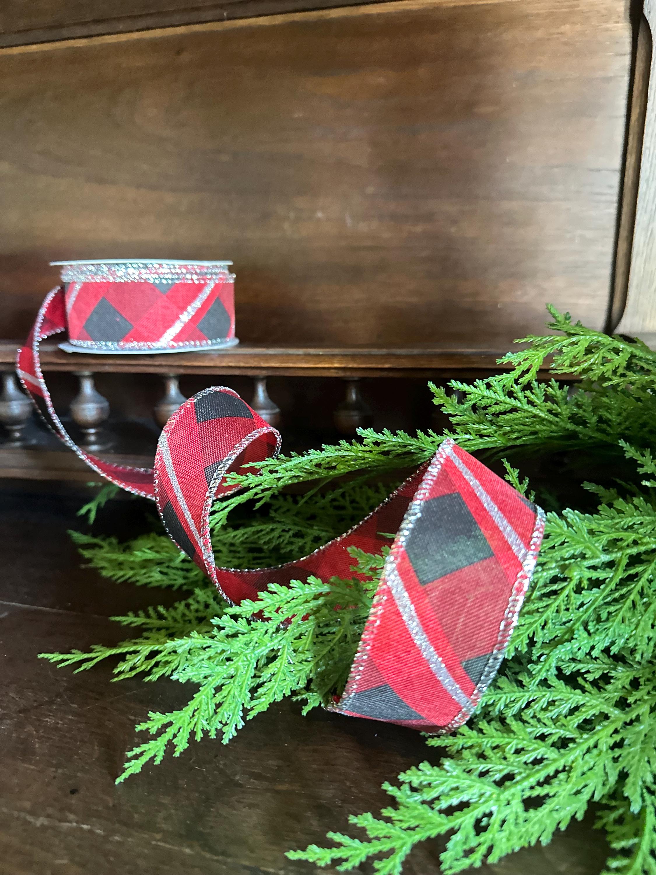 Buffalo Plaid Ribbon Metallic Trim for Christmas Wreath Bows, Gift Wrap Accent (10 Yards)