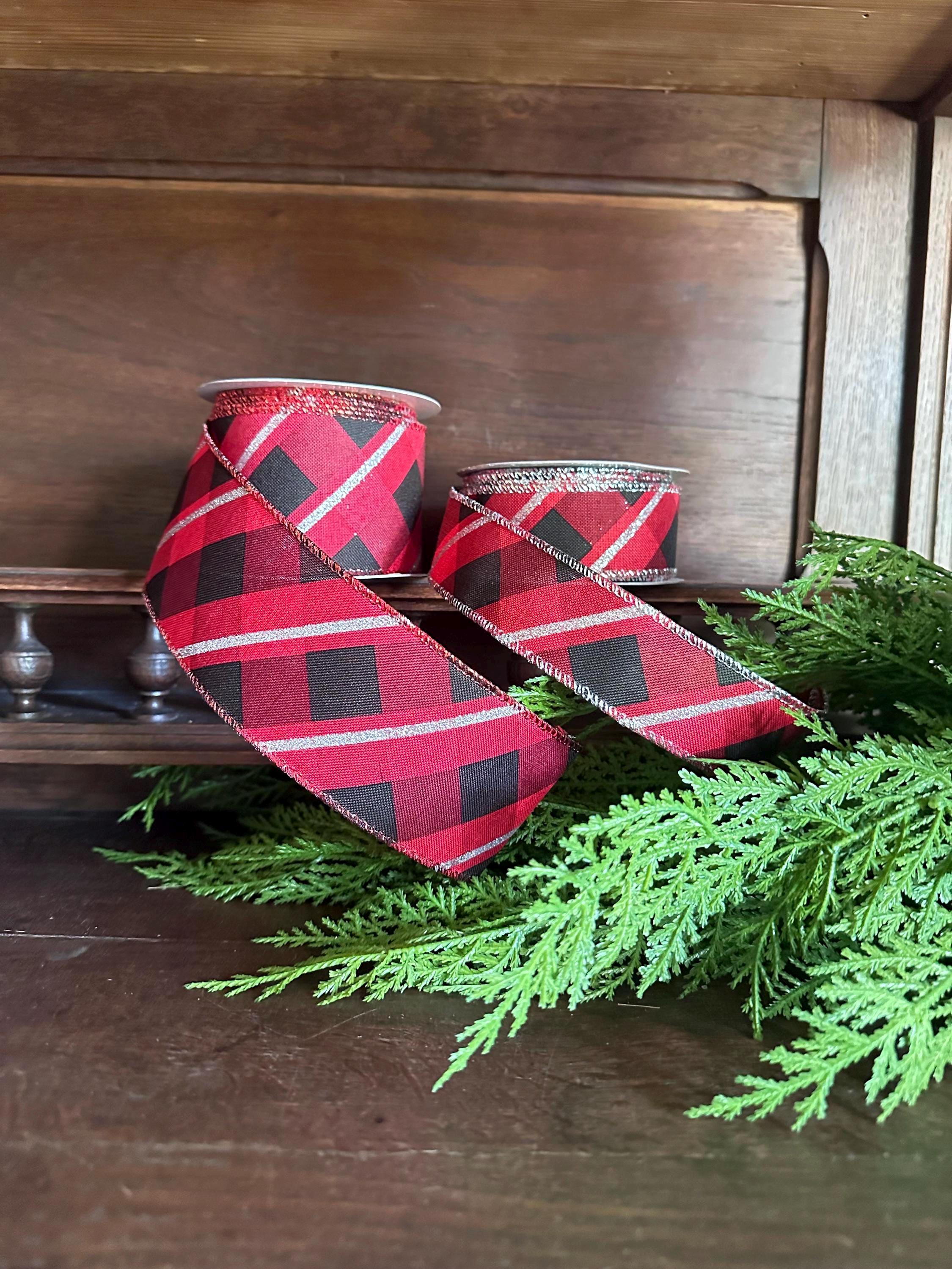 Buffalo Plaid Ribbon Metallic Trim for Christmas Wreath Bows, Gift Wrap Accent (10 Yards)