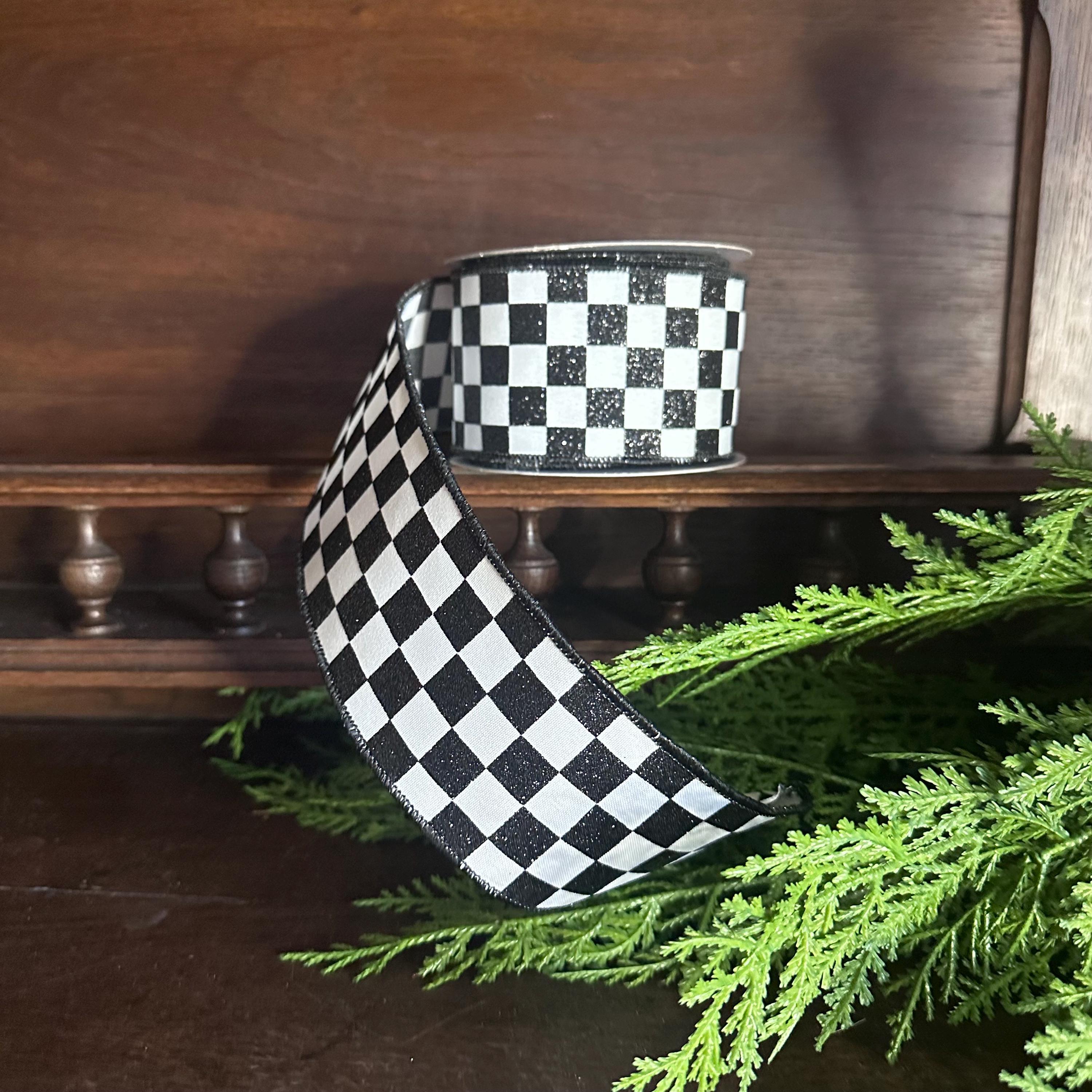 Checkered Wired Ribbon Black White Pattern Premium Craft Supply Racing Theme Design Wreath Making Material Party Accent Glitter Detail Double Wire Edge Shape Control Professional Grade Fabric Construction Perfect Project Essential Creative