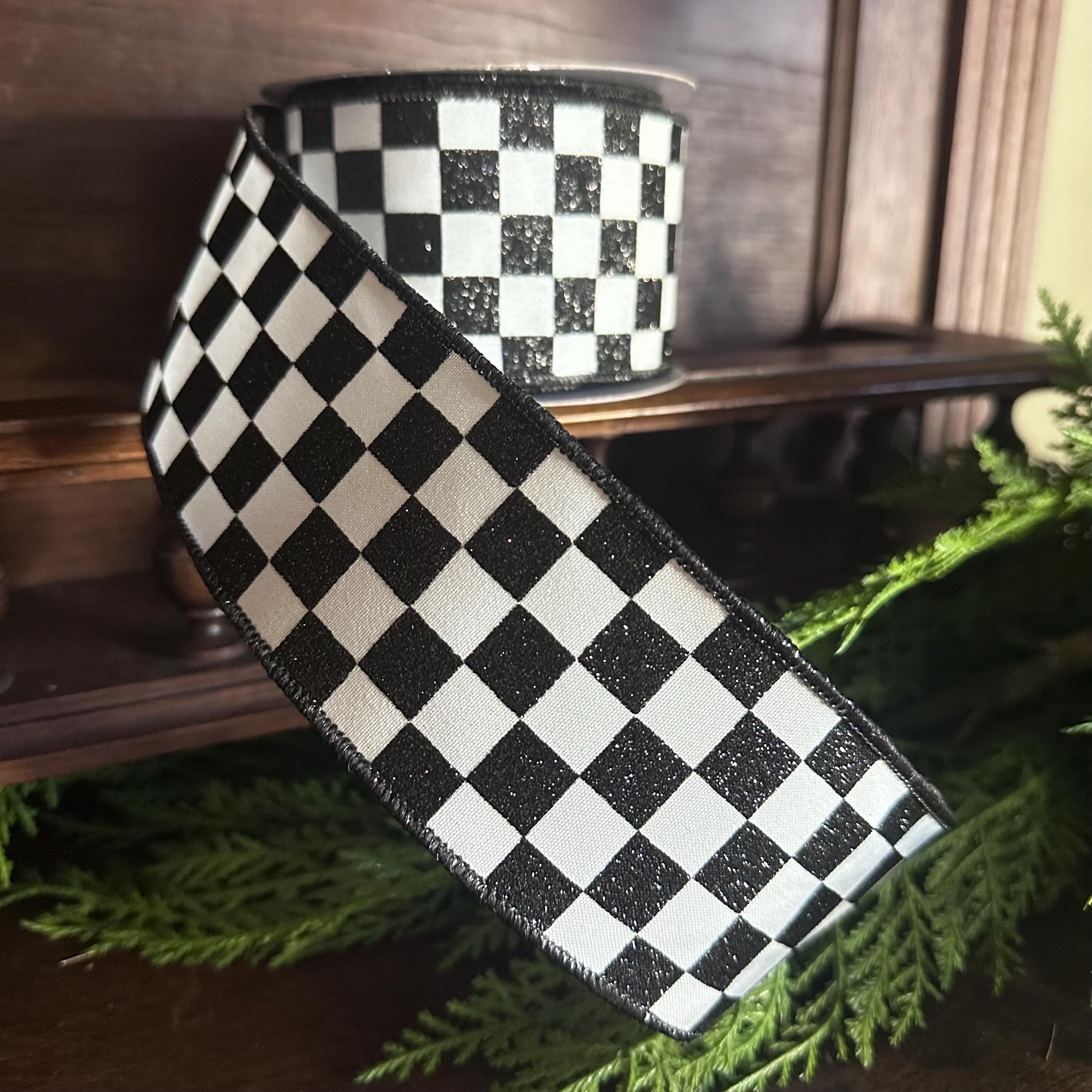 Racing Theme Ribbon Black White Checkered Pattern Premium Wired Edge Design Craft Supply Essential Wreath Making Material Party Planning Supply Professional Grade Construction Glitter Accent Detail Creative Project Material Store Quality