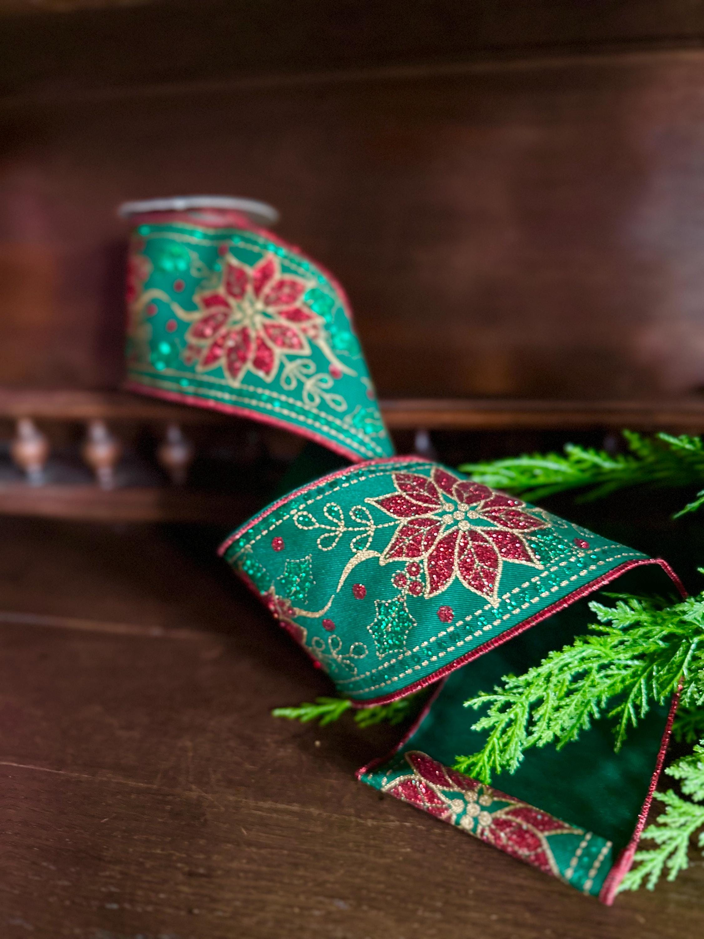 Christmas Ribbon, Glitter Poinsettia Wired Ribbon, Holiday Ribbon for Wreaths, Christmas Tree Ribbon, Gift Wrapping, Red Ribbon
