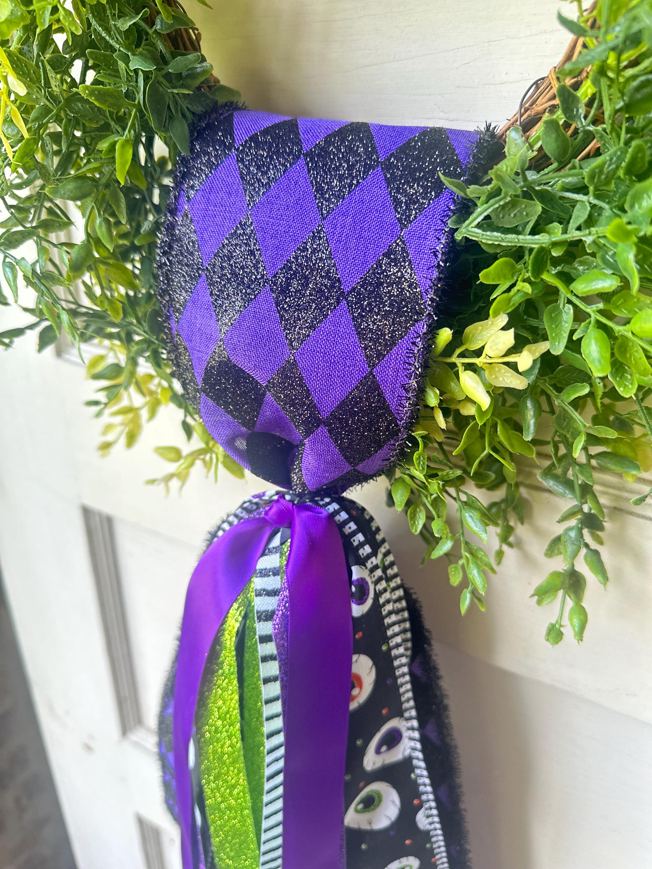 Designer Halloween Bow Premium Door Accent Gothic Style Collection Mixed Ribbon Display Purple Black Lime Pattern Eyeball Design Detail Glitter Satin Elements Custom Size Construction Spooky Entrance Accent Seasonal Theme Display