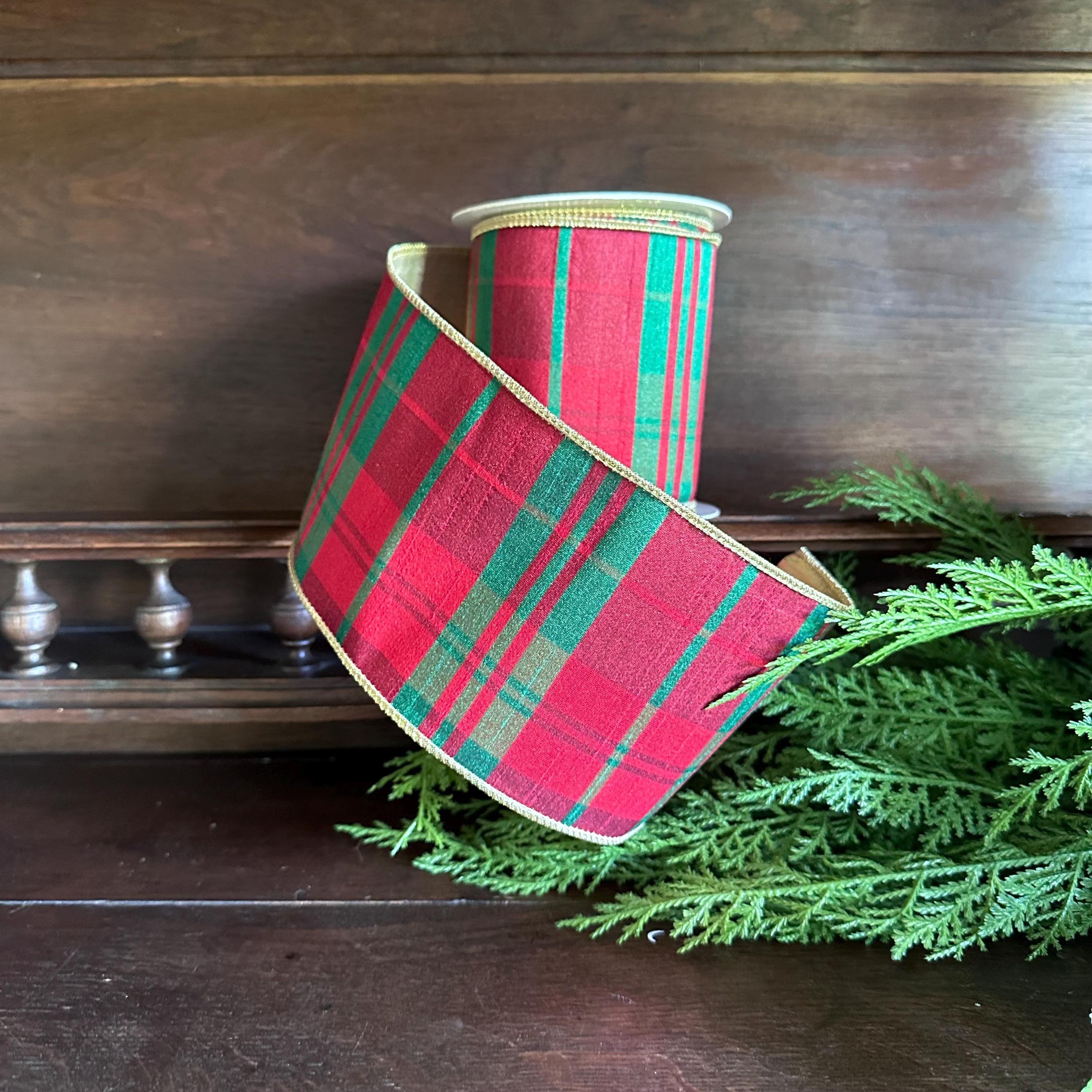 Red Green Plaid Christmas Ribbon | Luxury Wired Ribbon | Tartan Wreath Ribbon for Christmas Trees, Bows & Holiday Decor