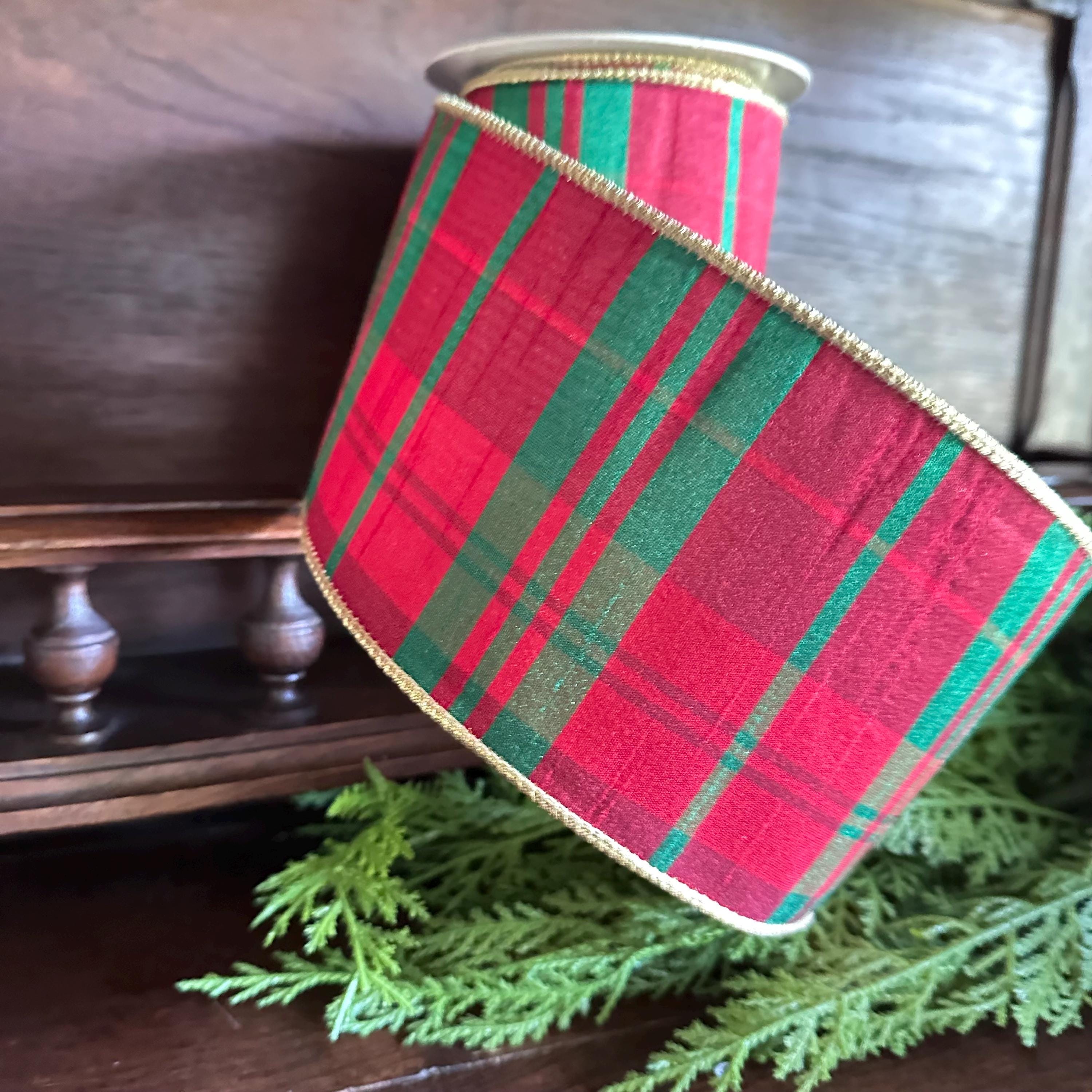 Red Green Plaid Christmas Ribbon | Luxury Wired Ribbon | Tartan Wreath Ribbon for Christmas Trees, Bows & Holiday Decor