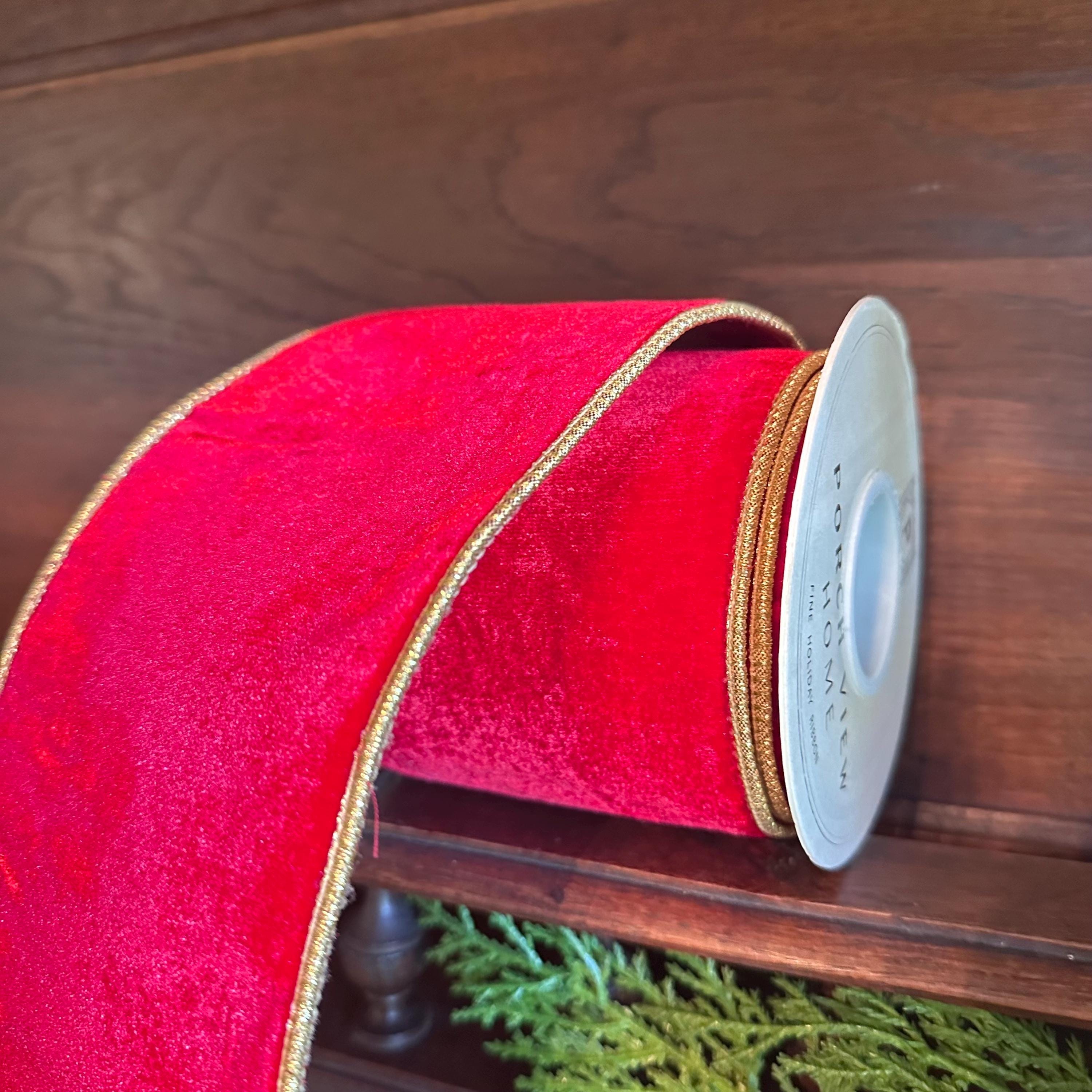 Red Velvet Christmas Ribbon Luxury Wired Ribbon with Gold Edge & Gold Backing Designer Wreath Ribbon, Wide Ribbon 4 Inch, 5 Yard Roll