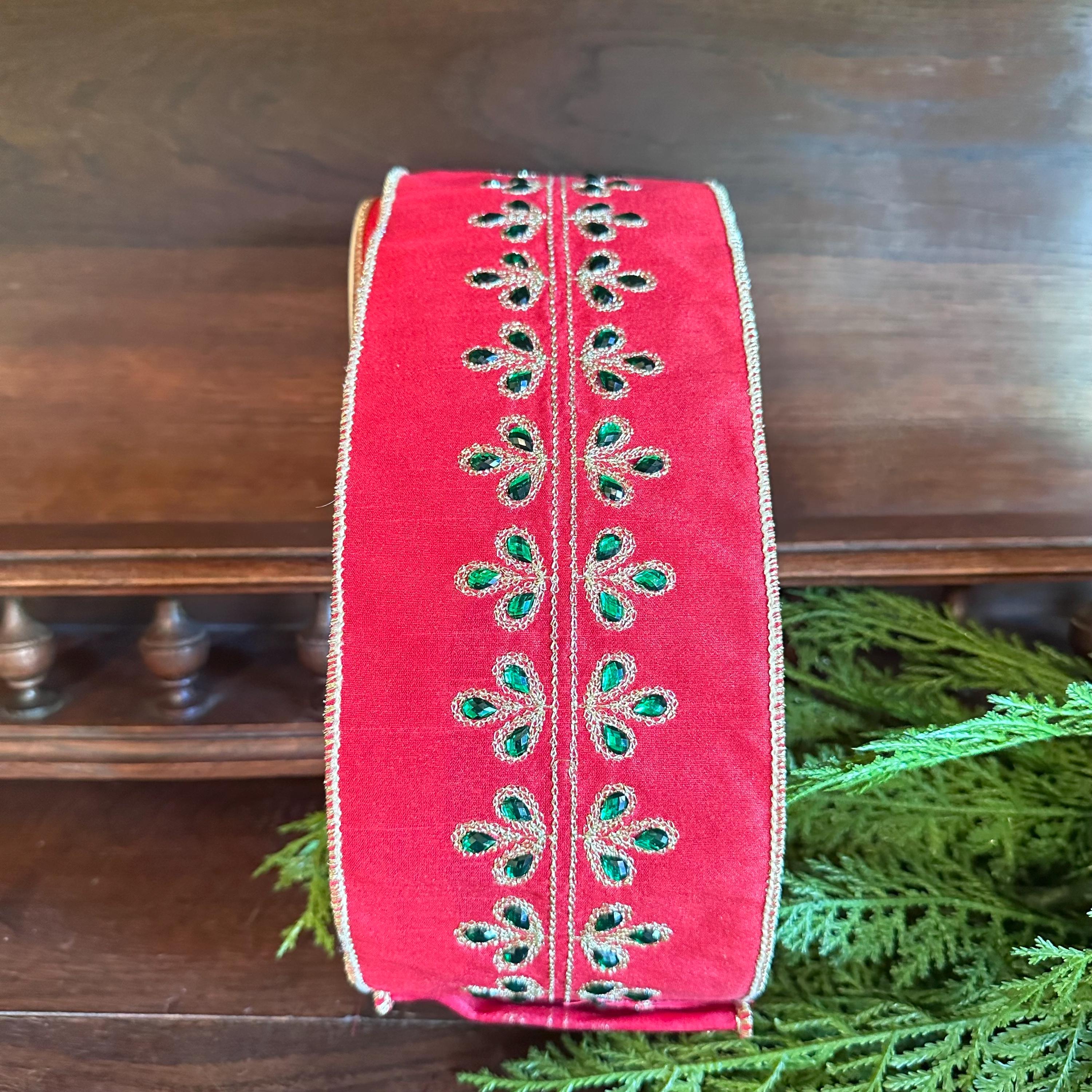 Red Dupioni Christmas Ribbon Wired Edge Ribbon Gold Embroidered Ribbon Christmas Tree Ribbon Wreath Ribbon Bow Making Holiday Decor