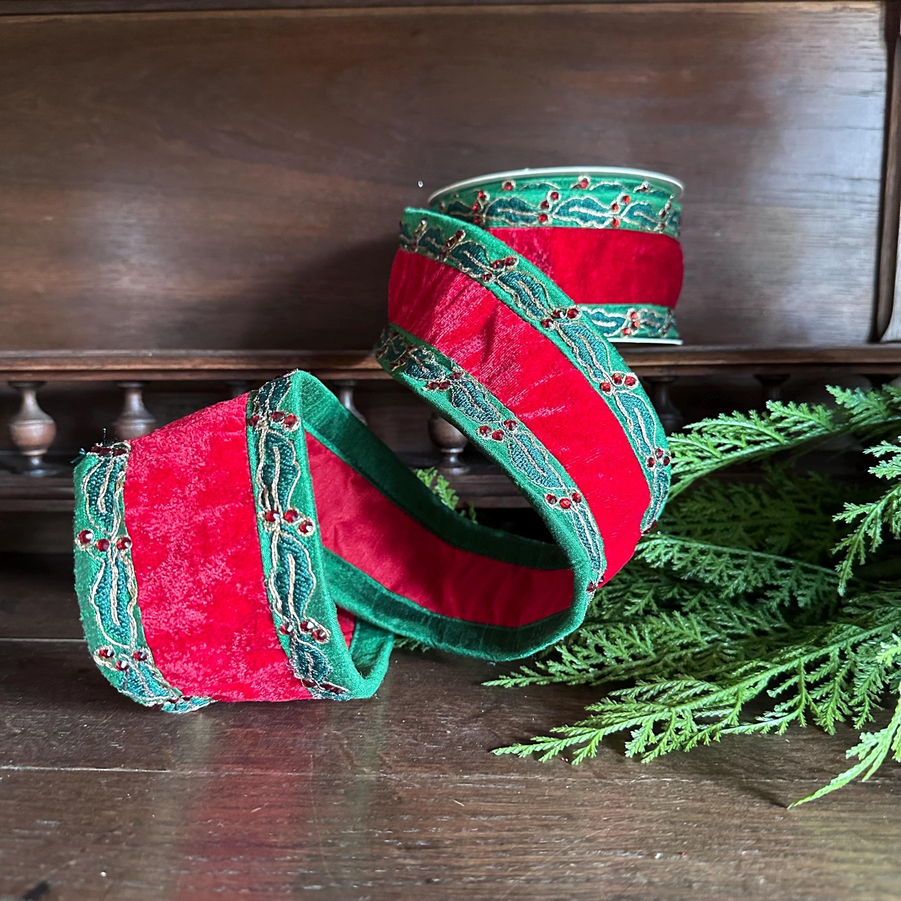 Red Velvet Christmas Ribbon Wired Edge Holly Ribbon Designer Ribbon Christmas Tree Ribbon Wreath Ribbon Bow Making Holiday Decor 2.5 Inch 5