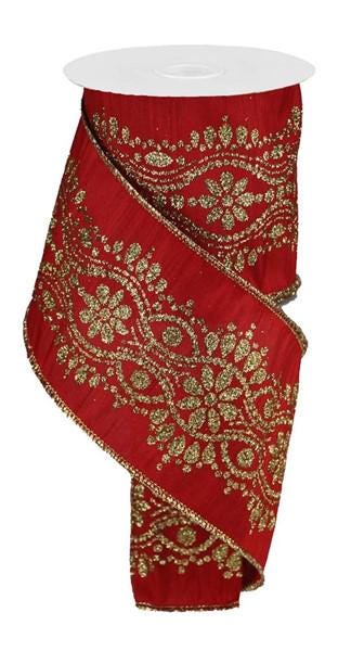 Luxury Craft Ribbon Wide Wired Design Premium Red Silk Material Gold Pattern Detail Professional Grade Supply Perfect Wreath Making Essential Holiday Bow Creation Kit Beautiful Gift Wrap Accent Deluxe Project Material Shapeable Edge