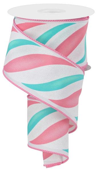2.5 inch wide wired ribbon with pastel pink and teal swirl pattern on white background.  The edge of the ribbon has a pink wired edge.

Candy Stripe Ribbon Wired Edge Premium Bow Making Material White Pink Ice Blue Mint Swirl Pattern Holiday Crafting Supply Indoor Wreath Design Essential Party Decoration Accent Beautiful Gift Wrap Ribbon Perfect Shape Control Crafting