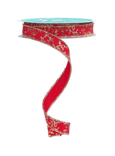 Premium Holiday Ribbon Red Gold Pattern Metallic Glitter Design Wired Edge Construction Quality Craft Supply Essential Wreath Making Material Beautiful Gift Wrapping Accent Winter Project Collection Elegant Style Creative Home Addition