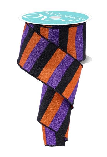 Wired Edge Ribbon Halloween Theme Sparkly Design Black Orange Purple Stripes Premium Craft Material Party Decoration Supply Wreath Making Essential Bow Creation Project Holiday Accent Trim Festive Collection Creative Supply Wide Roll