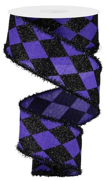 Harlequin Ribbon Purple Black Glitter Wired Edge Ribbon Halloween Decor Mardi Gras Ribbon Wreath Bow Ribbon 10 Yard Roll