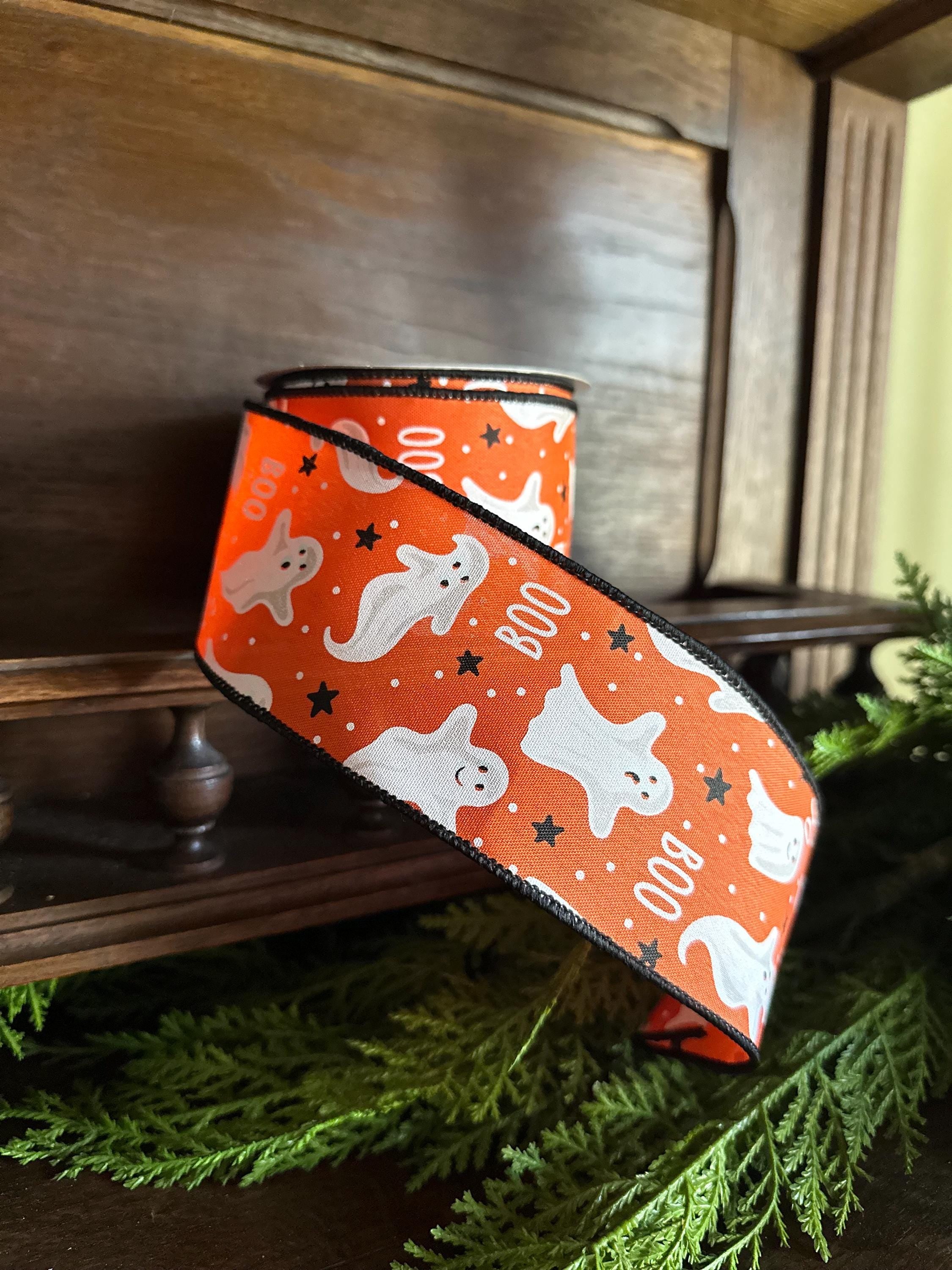Halloween Wired Ribbon Ghost BOO Ribbon Spooky Ribbon Halloween Wreath Ribbon Halloween Decor Orange Ribbon 10 Yard Roll